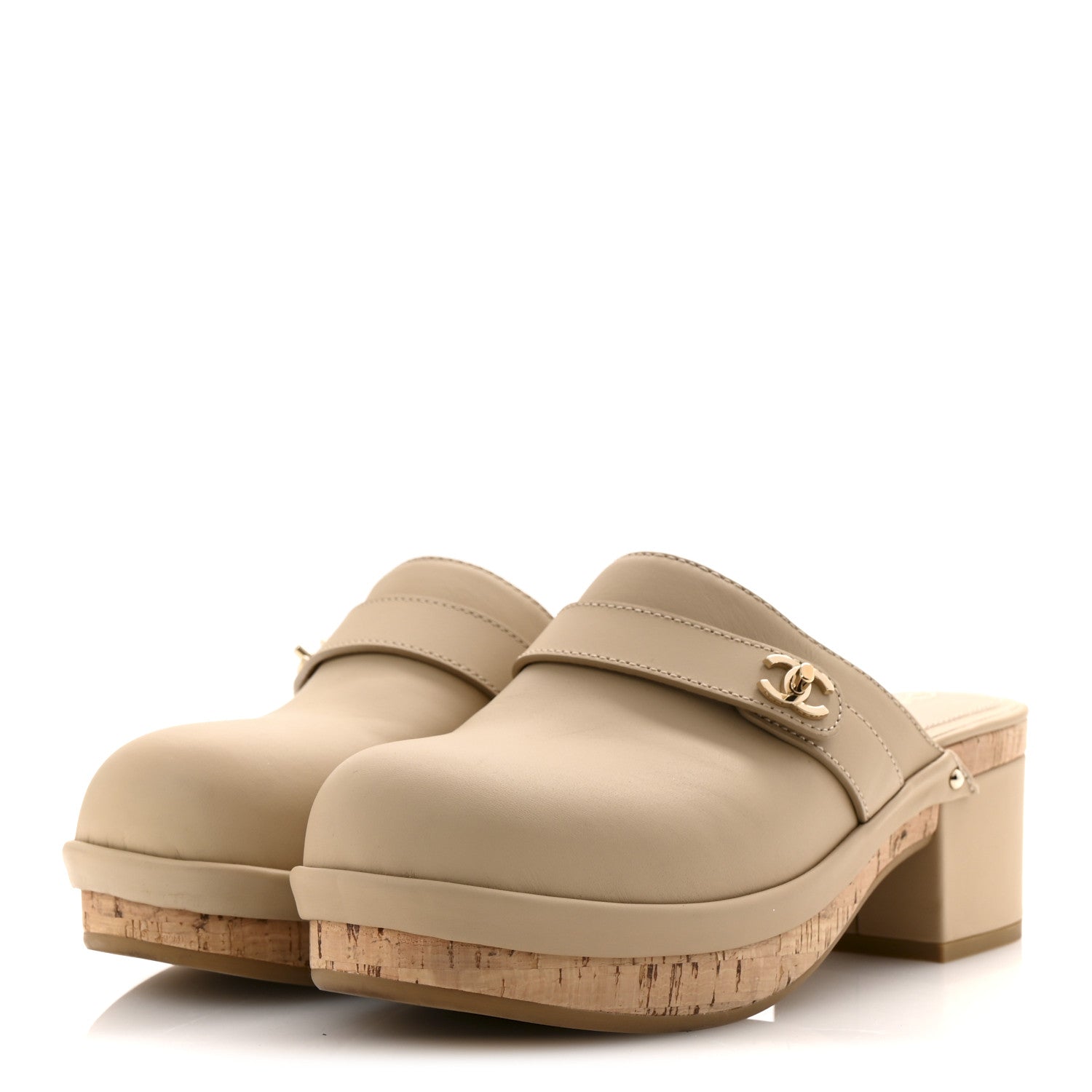 Calfskin CC Turn Lock Clogs 38 Beige
