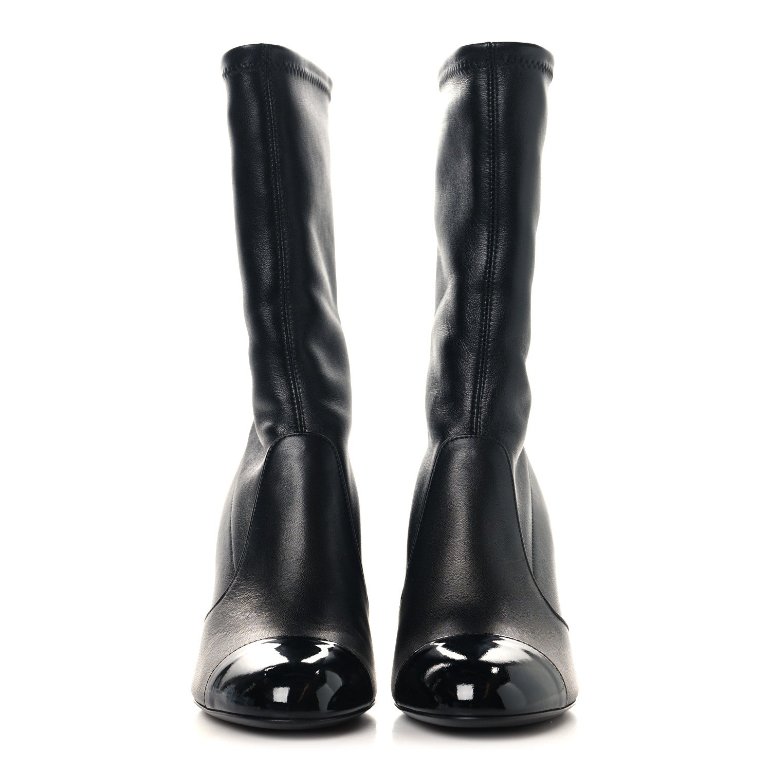 Stretch Lambskin Patent Cap Toe Pearl Ball Mid Calf Boots 36.5 Black