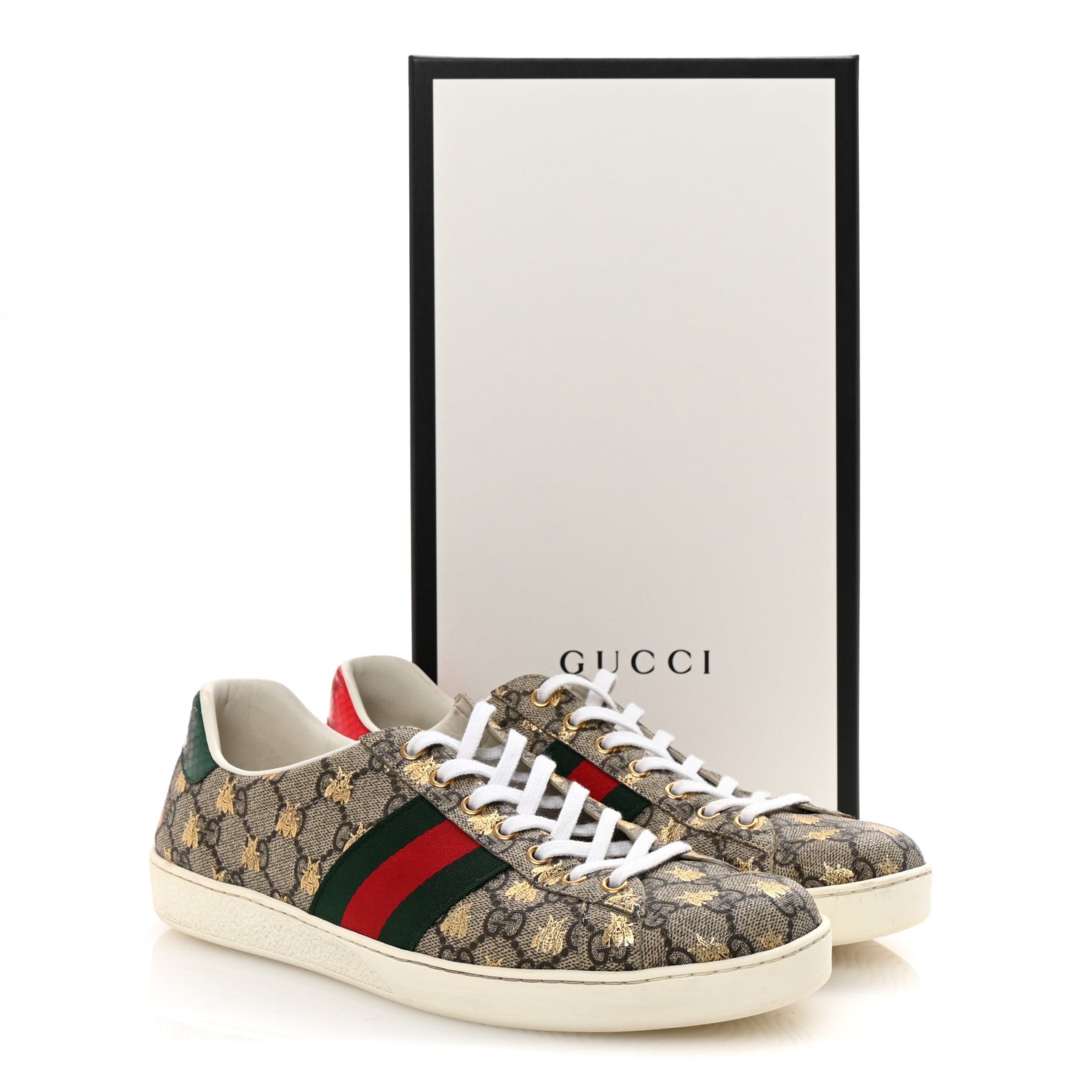 GG Supreme Monogram Bees Ayers Web Mens Ace Sneakers 9 Beige Oro Green Red