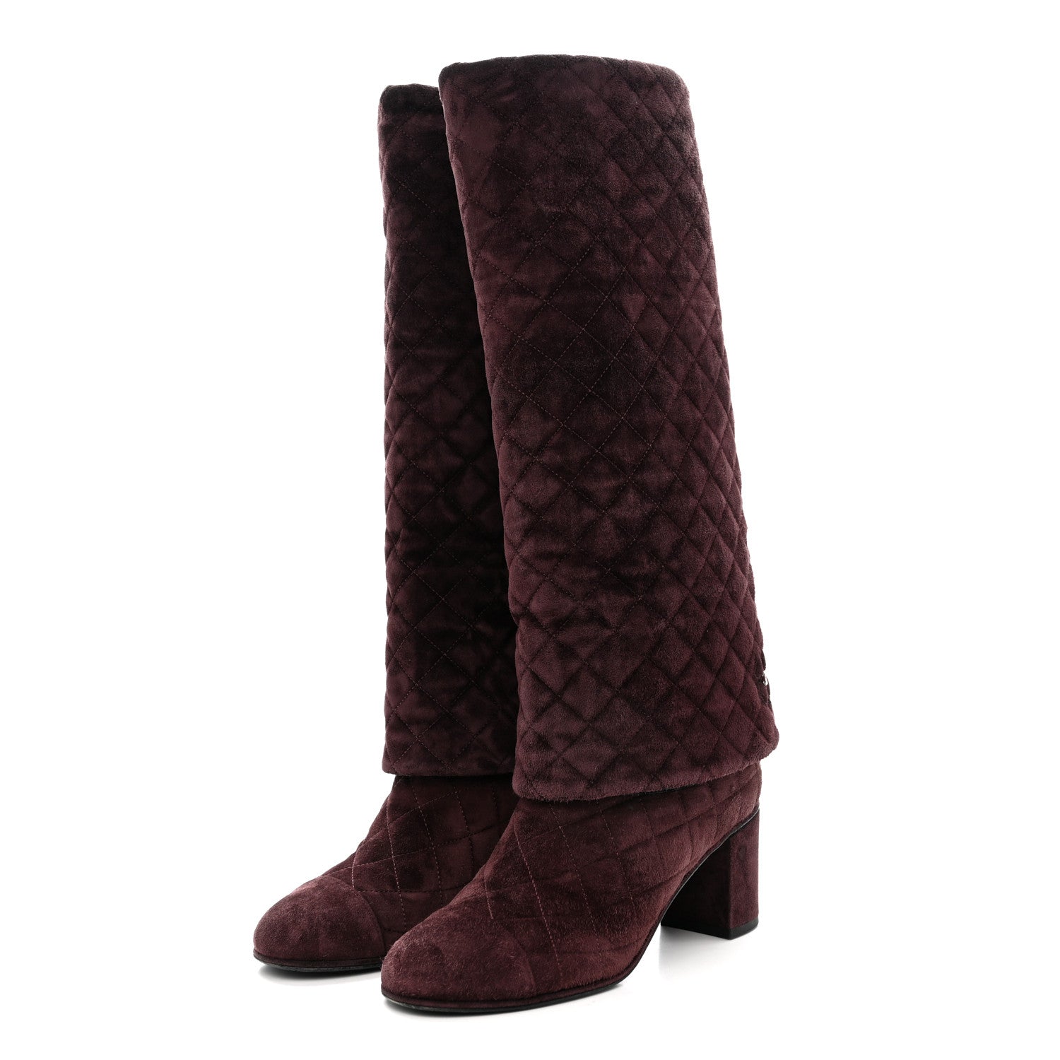 Suede Calfskin Quilted CC Fold Over High Boots 38.5 Dark Purple