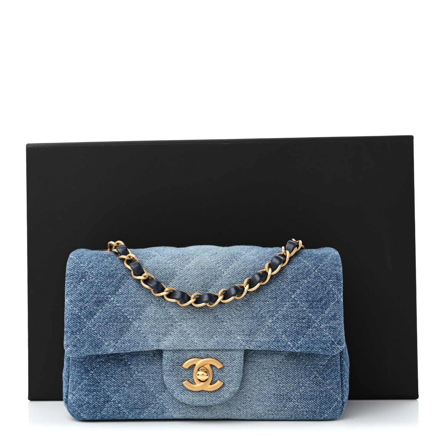Washed Denim Quilted Mini Rectangular Flap Blue