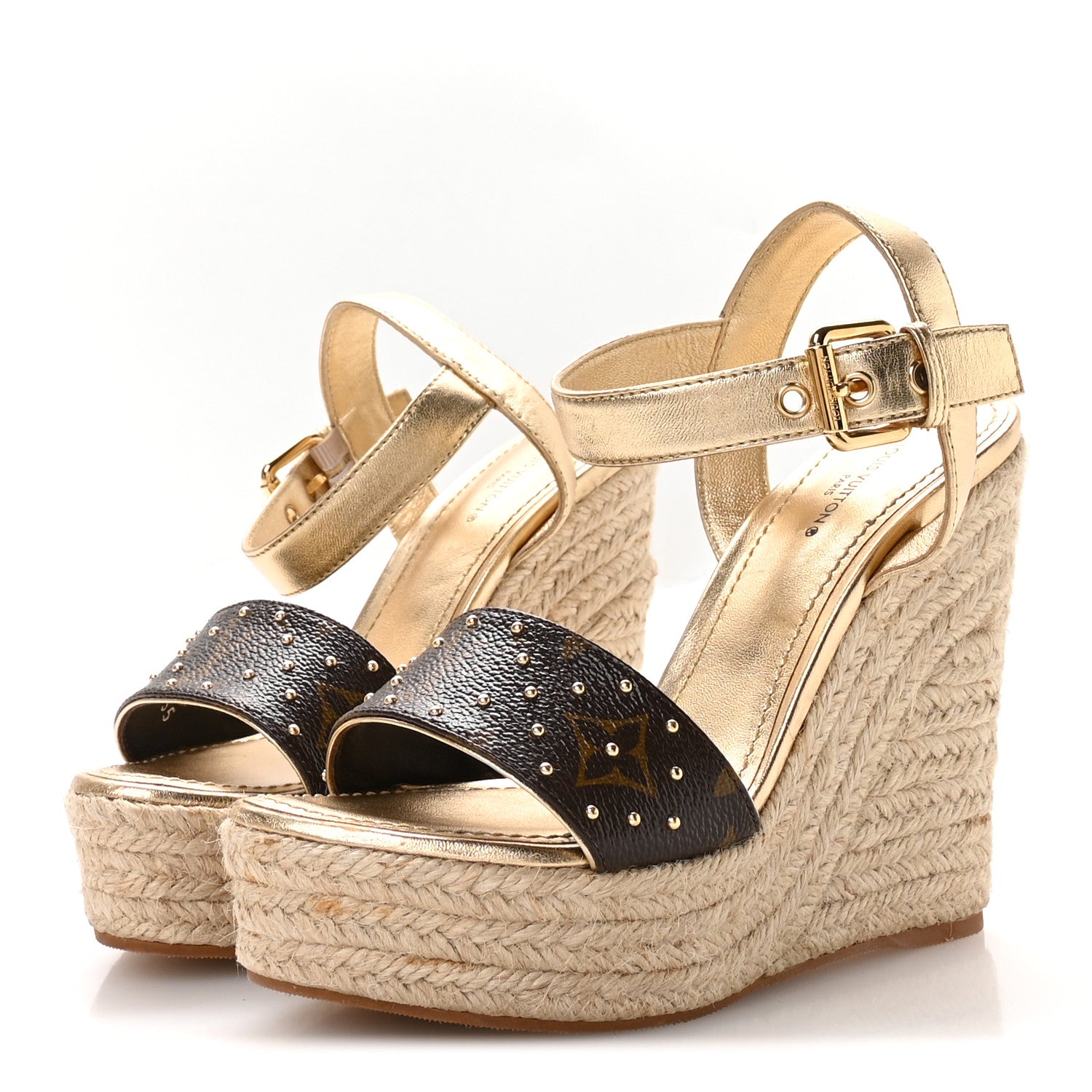 Metallic Monogram Calfskin Studded Wedge Sandals 35 Gold
