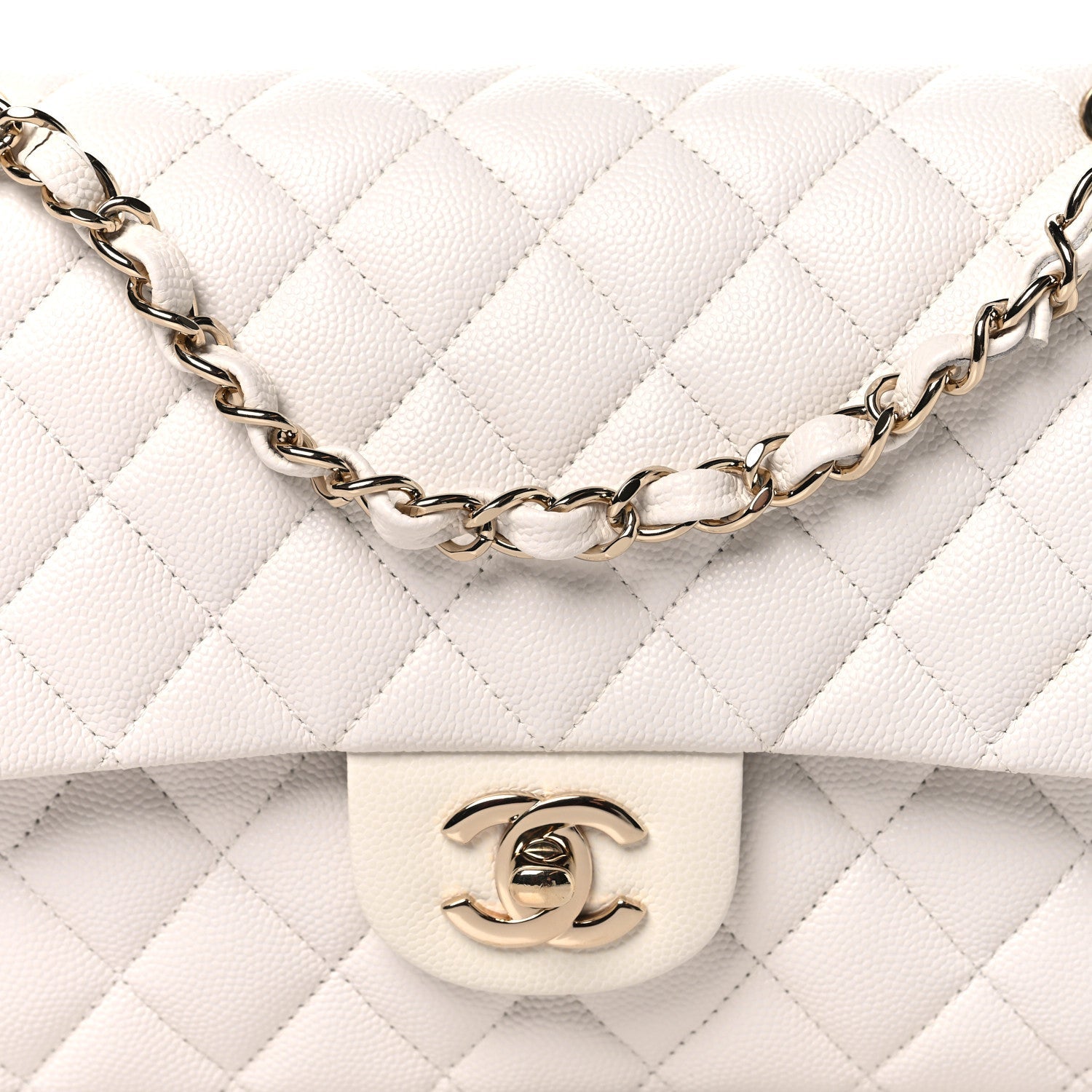 Caviar Quilted Medium Double Flap White