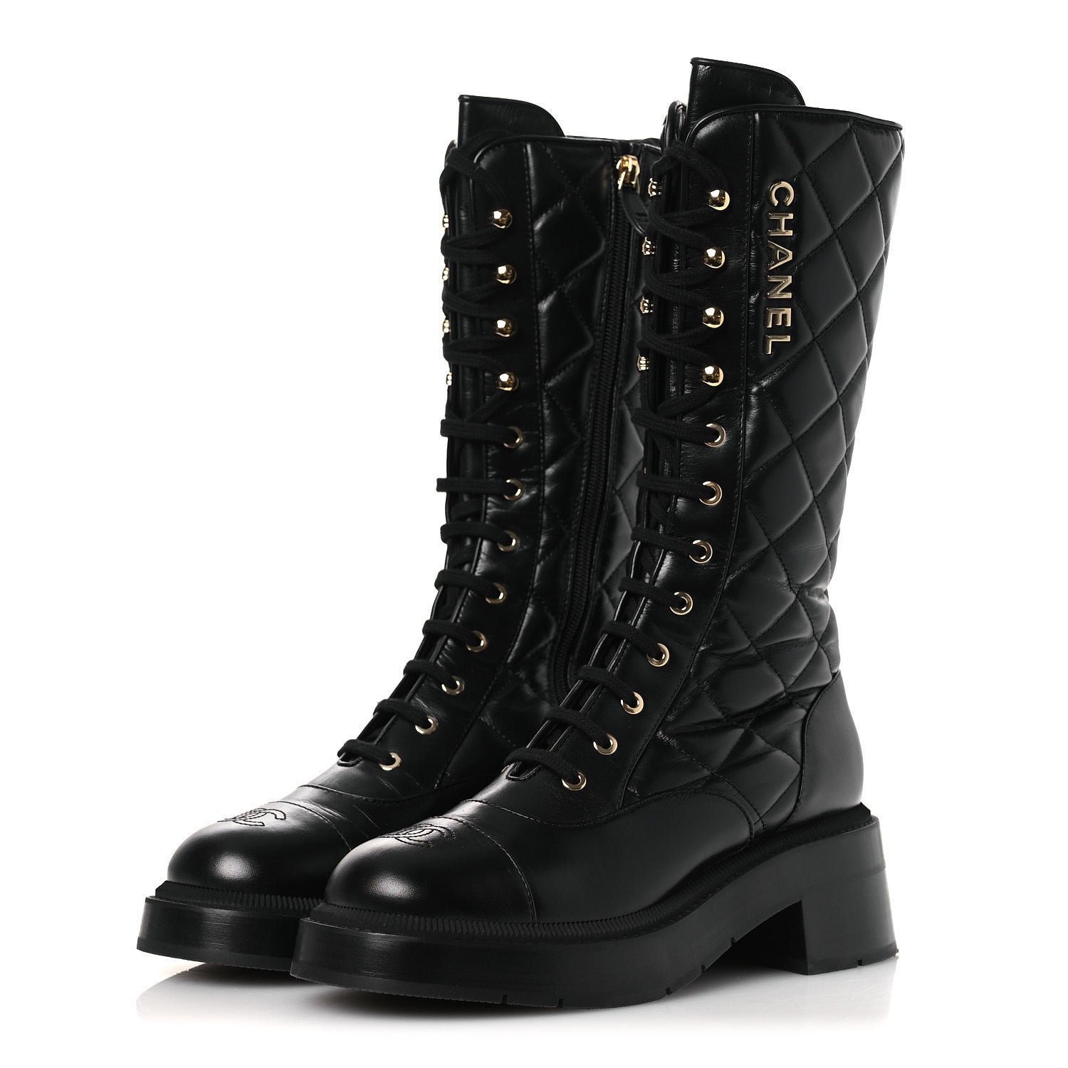 Calfskin Quilted Logo Lace Up Tall Combat Boots 39 Black