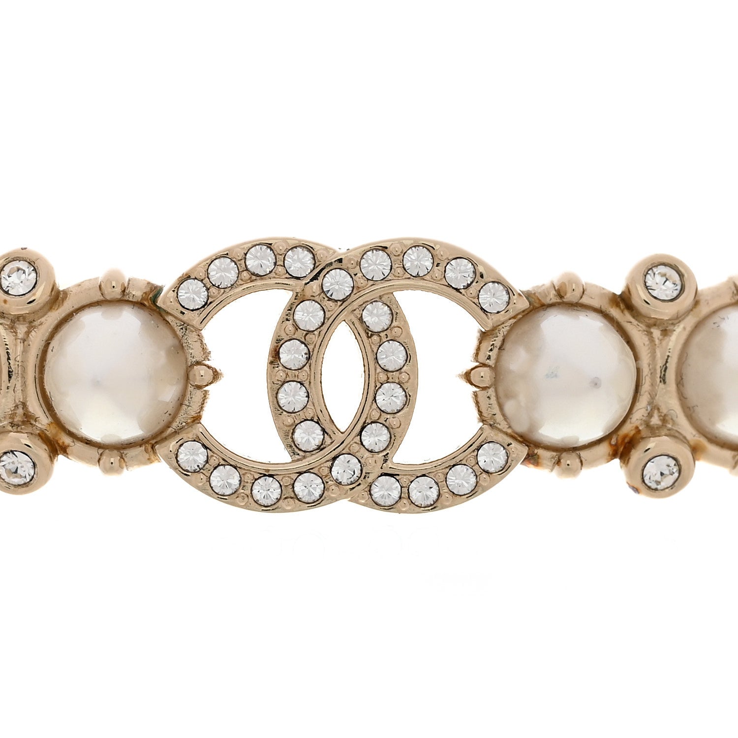 Strass Crystal Studded Pearl CC Choker Necklace Gold Pearly White