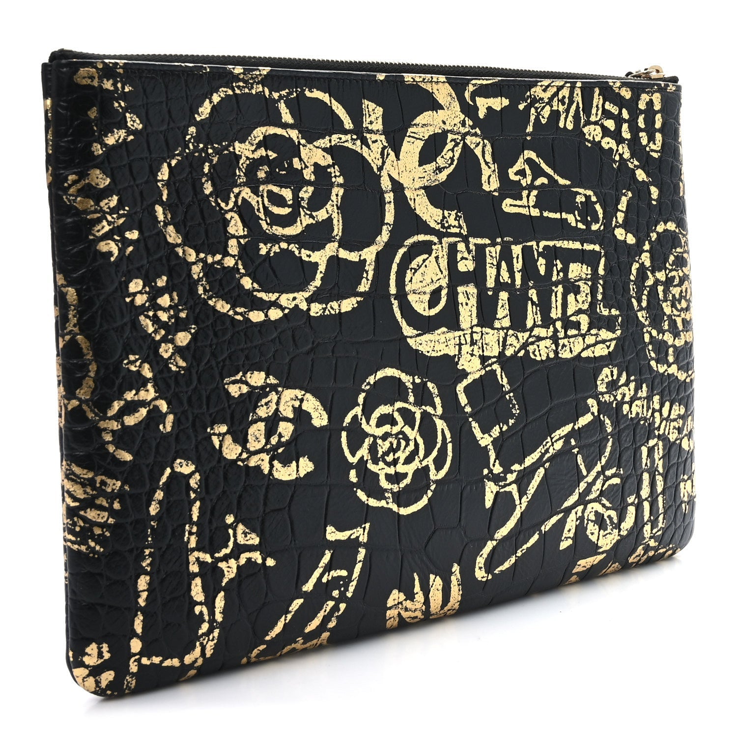 Calfskin Crocodile Embossed Graffiti 2.55 Medium Cocodile Reissue Cosmetic Case Black Gold