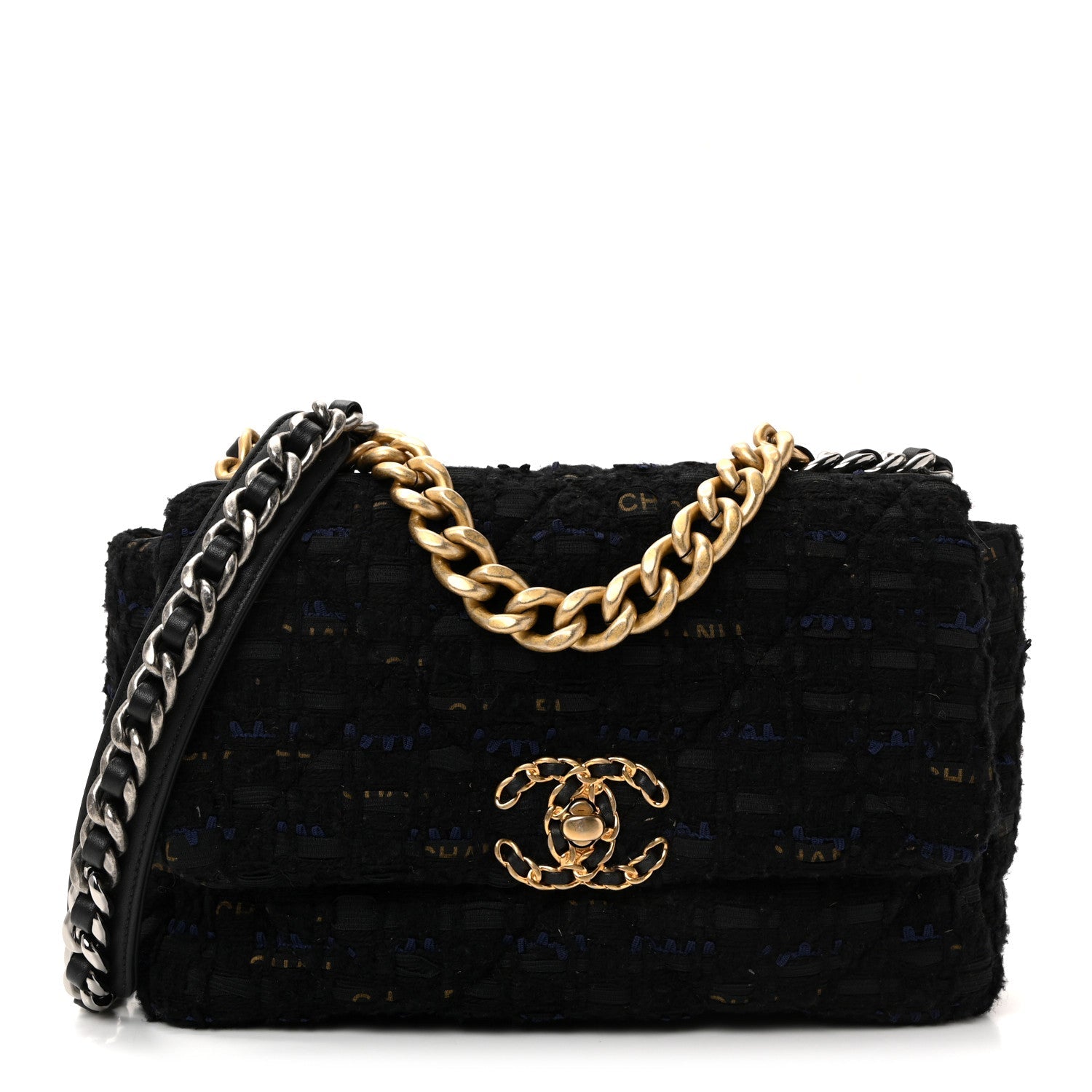 Tweed Quilted Medium Chanel 19 Flap Navy Blue Black