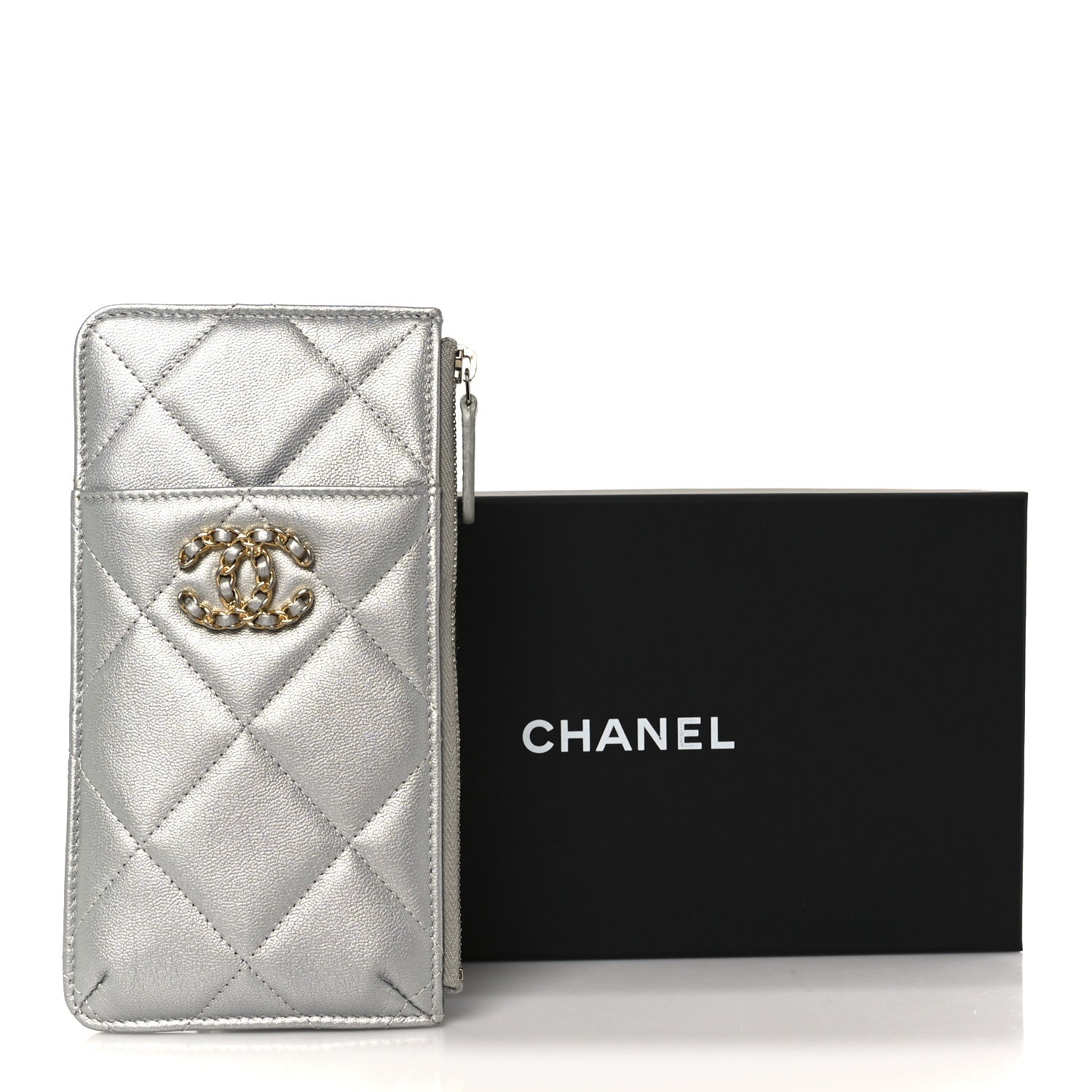 Lambskin Quilted Chanel 19 Phone and Card Holder Silver