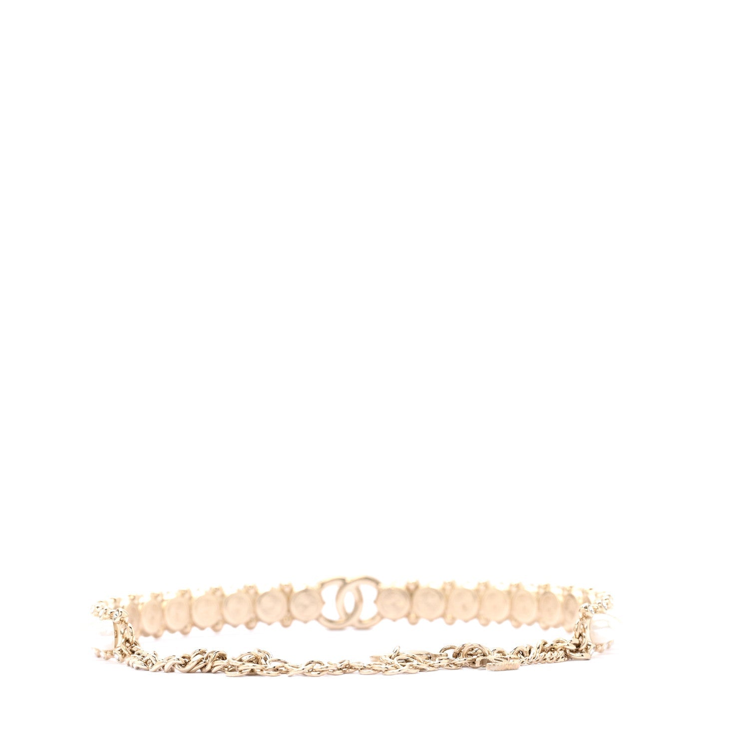 Strass Crystal Studded Pearl CC Choker Necklace Gold Pearly White