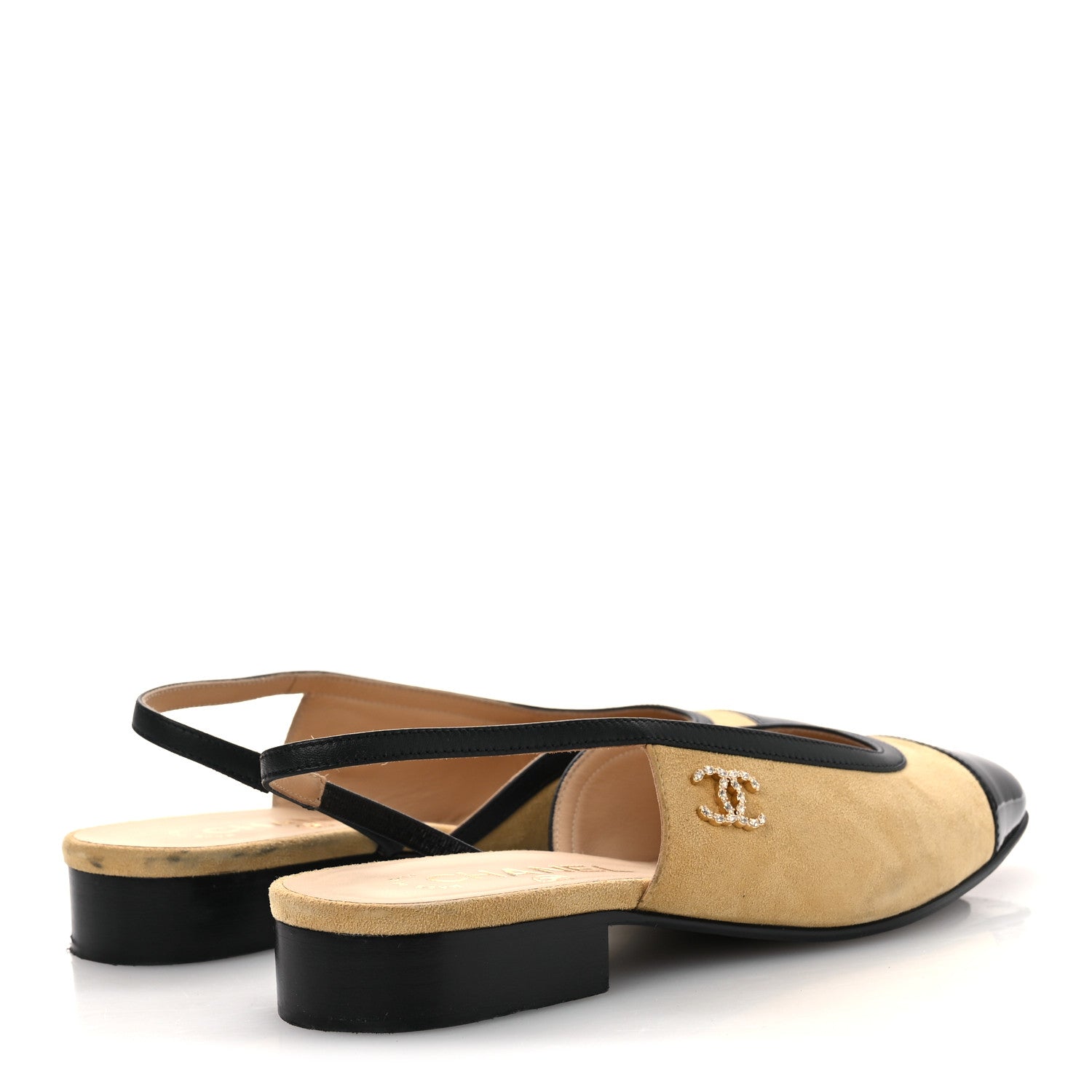 Suede Patent Crystal CC Cap Toe Slingback Flats 37 Beige Black
