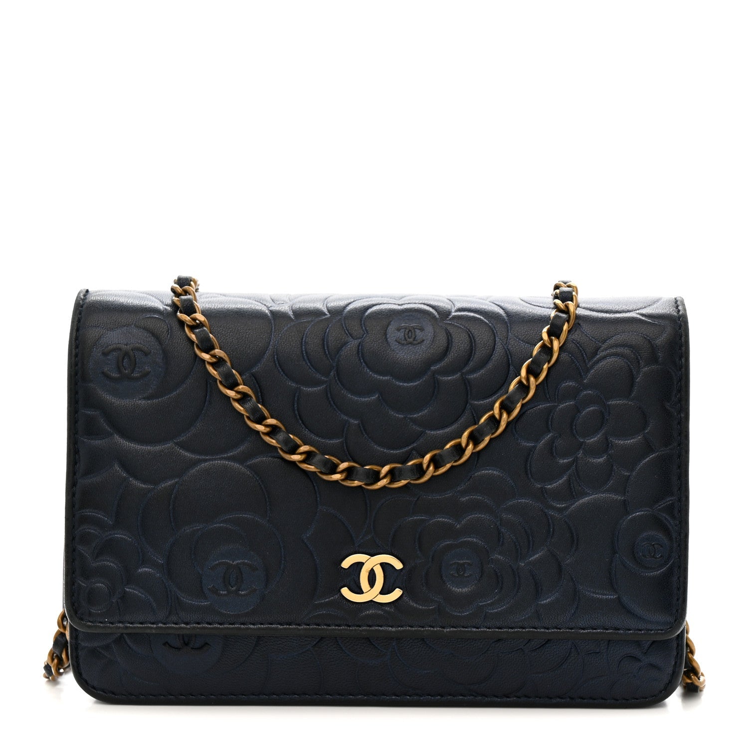 Metallic Lambskin Camellia Embossed Wallet on Chain WOC Navy