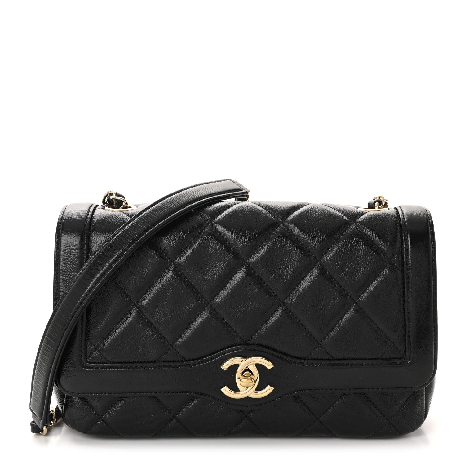 Crumpled Glazed Lambskin Quilted Small Flap Black