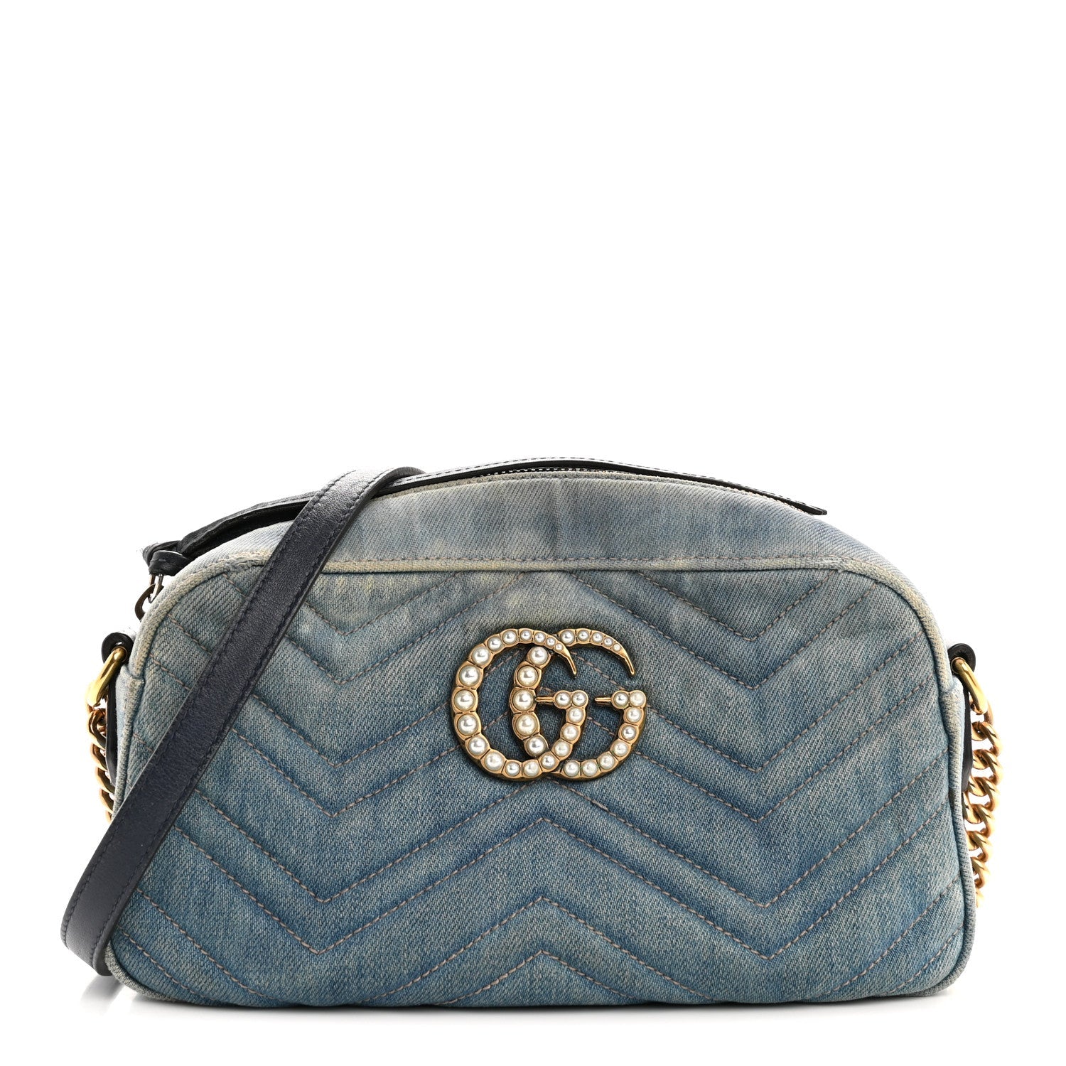 Denim Matelasse Small Pearly GG Marmont Chain Shoulder Bag Blue