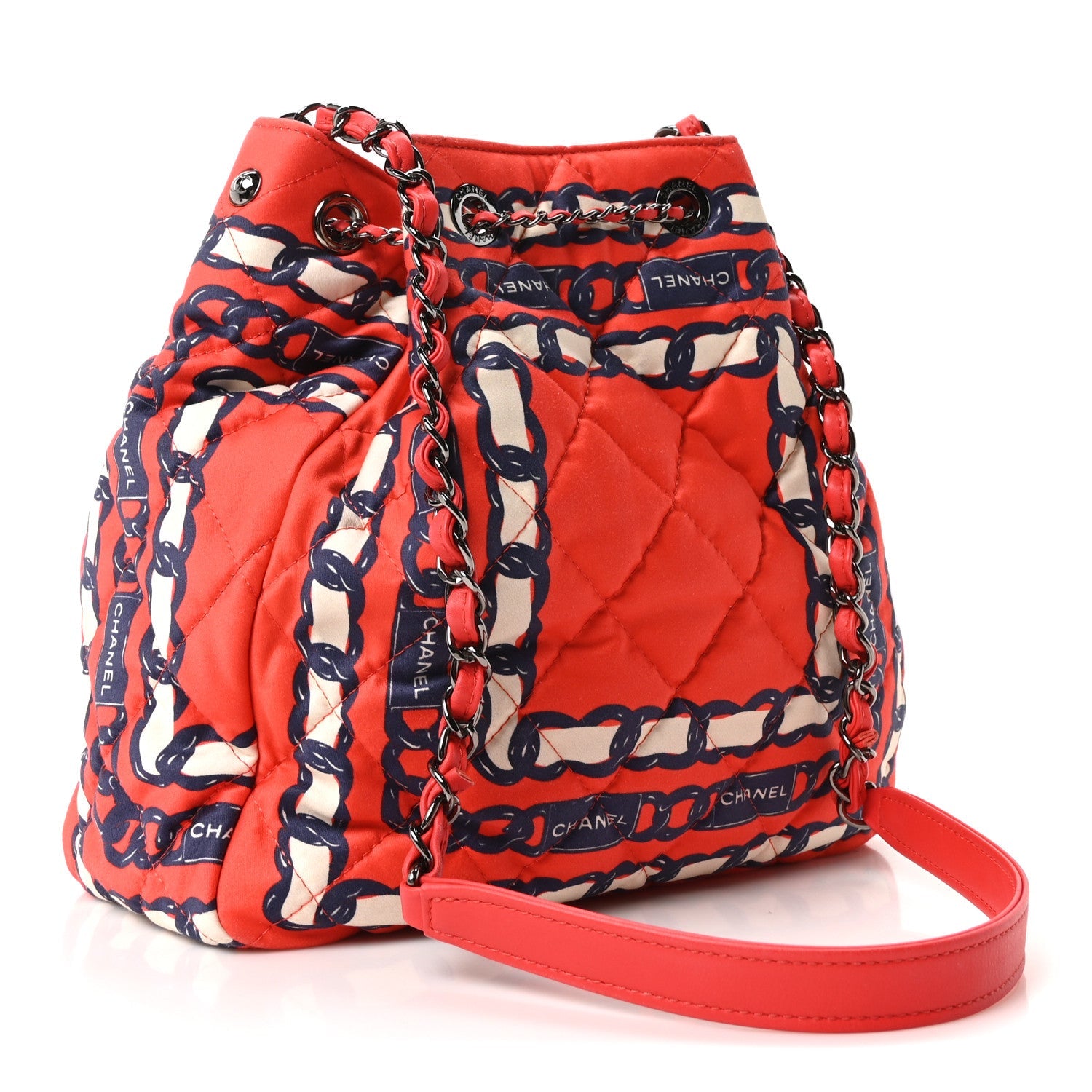 Silk Quilted Chain Printed Bucket Bag Red