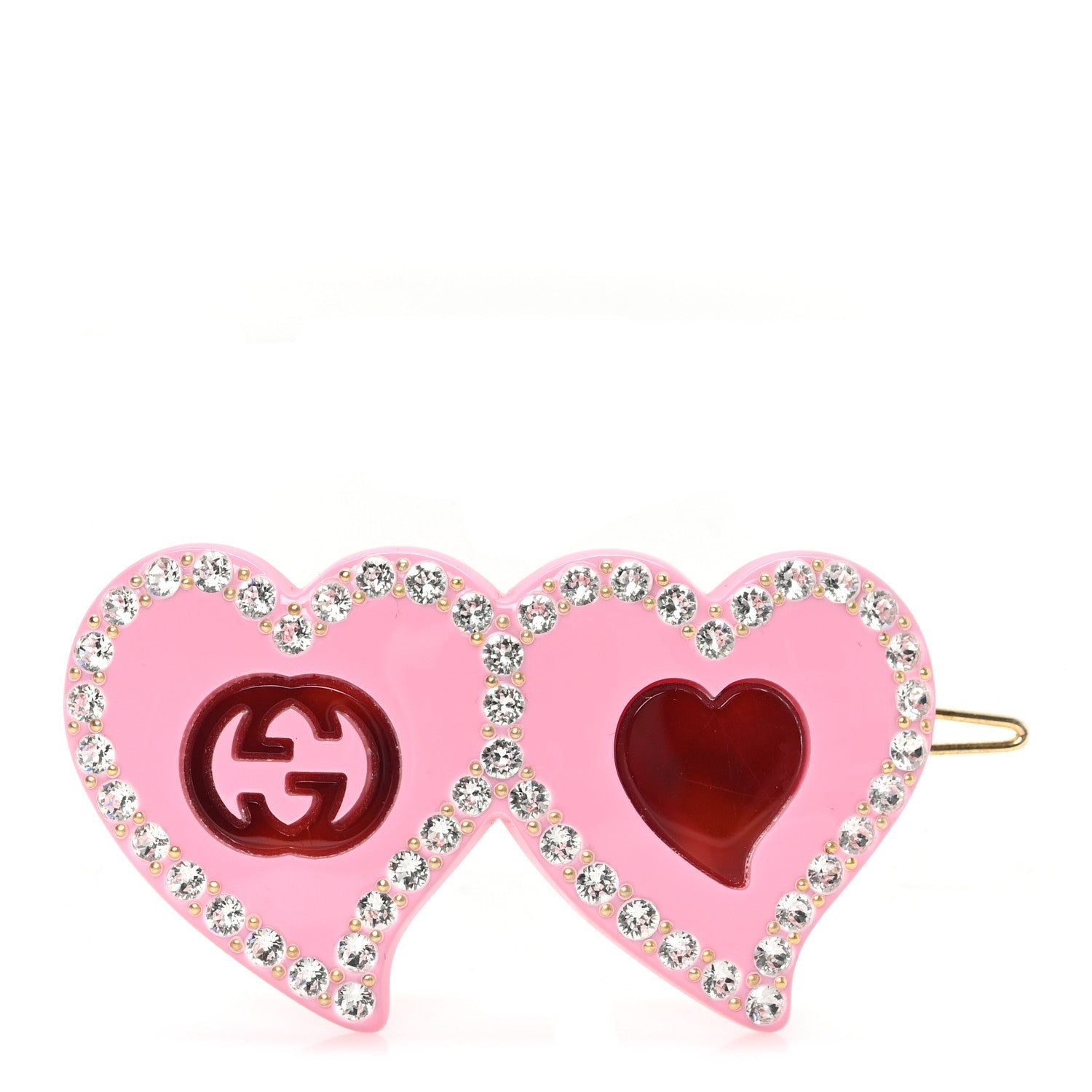 Resin Crystal Embellished GG Double Heart Hair Clip Pink