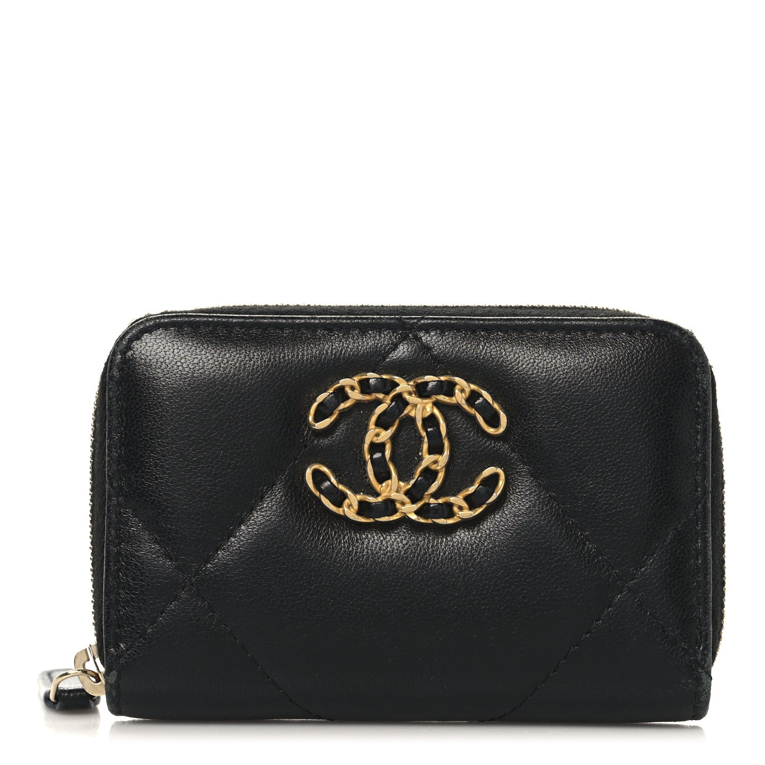 Lambskin Quilted Chanel 19 Zip Around Coin Purse Wallet Black
