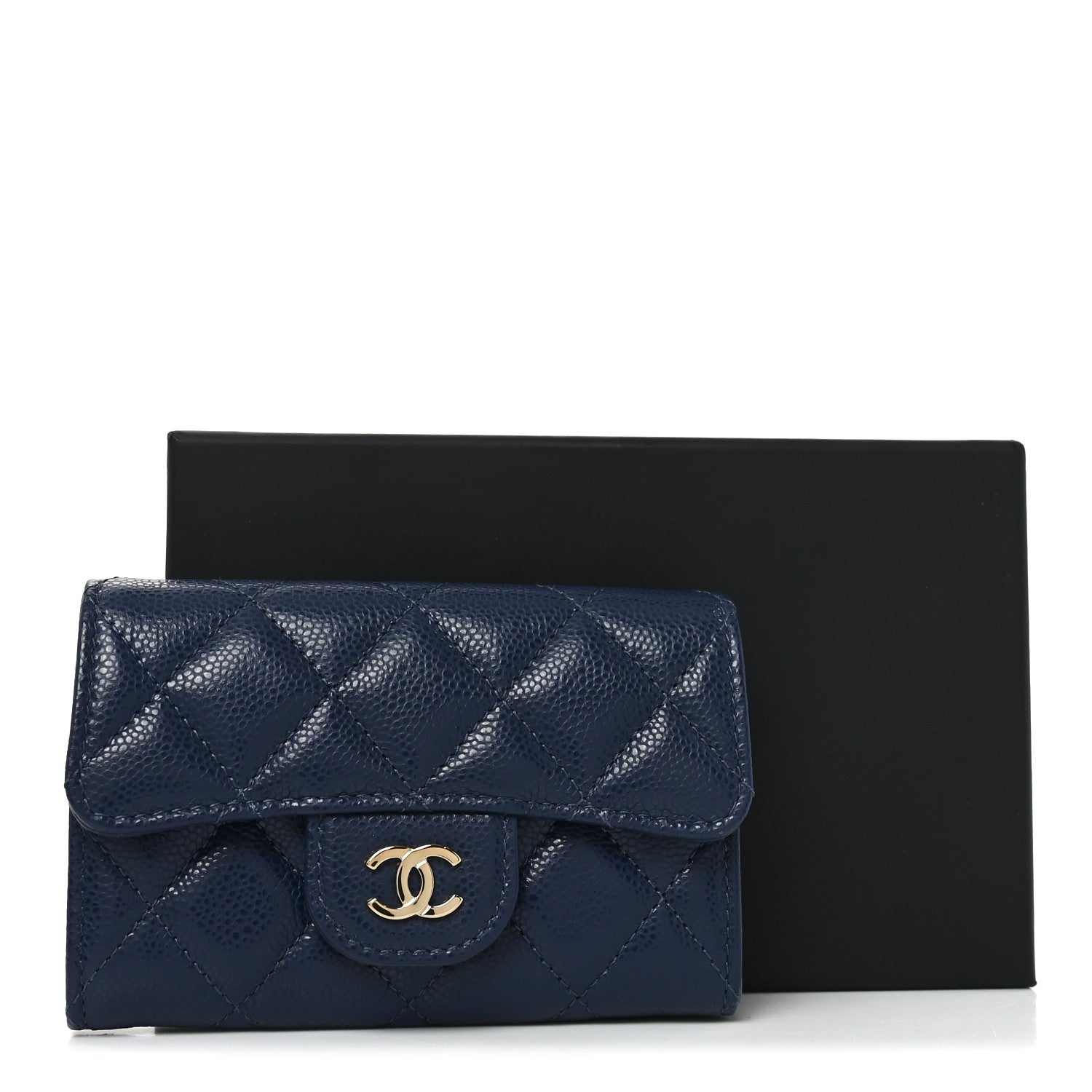 Caviar Quilted Flap Card Holder Wallet Navy Blue