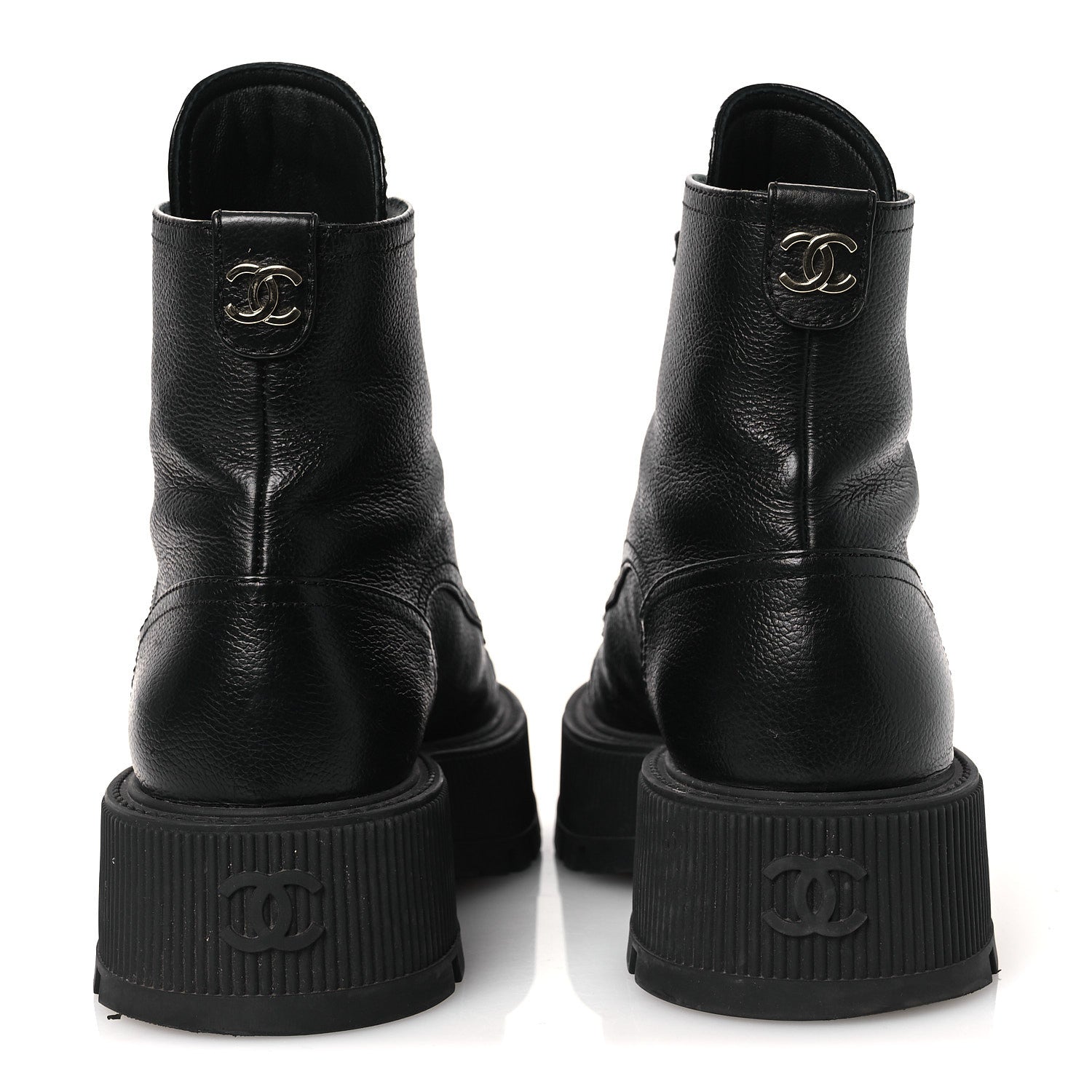 Grained Calfskin Shiny Calfskin CC Lace Up Combat Boots 37.5 Black