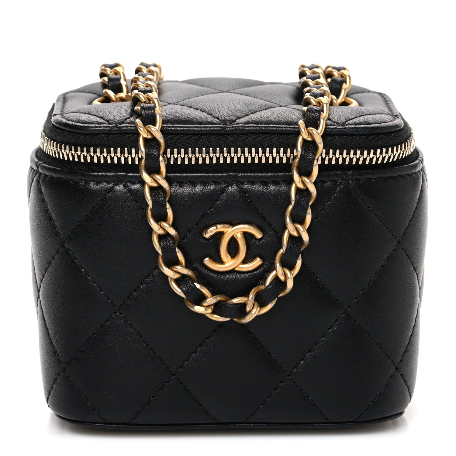 Lambskin Quilted Mini Pearl Crush Vanity Case With Chain Black