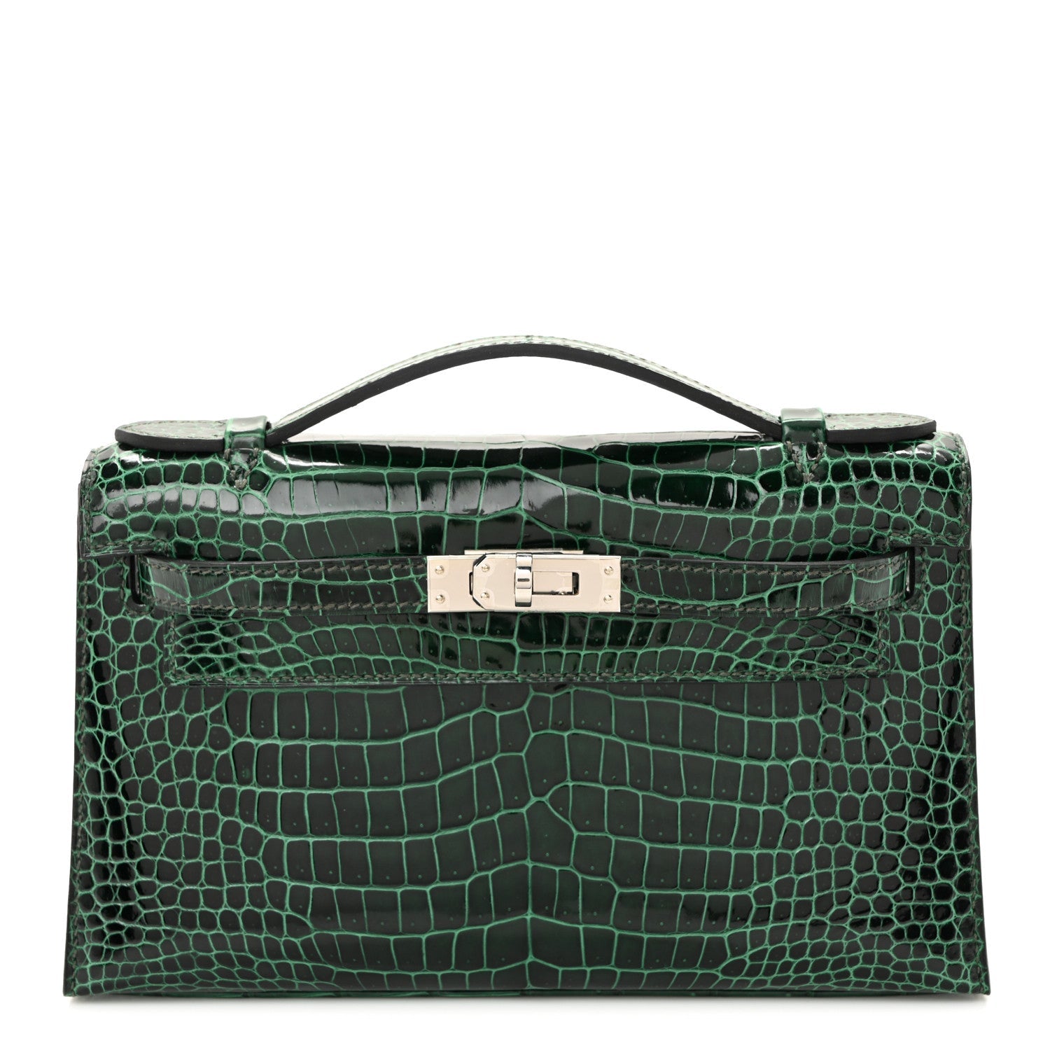 Shiny Porosus Crocodile Kelly Pochette Vert Cypress