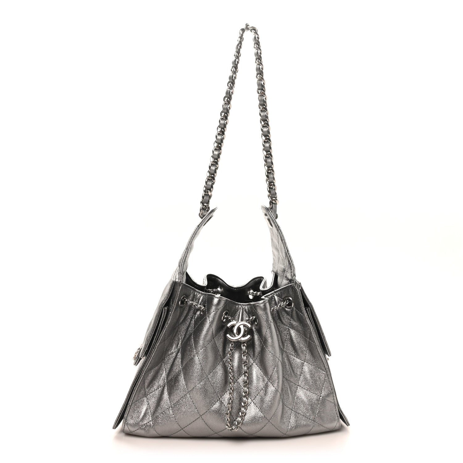 Metallic Caviar Quilted Small Chanel 25 Handbag Silver