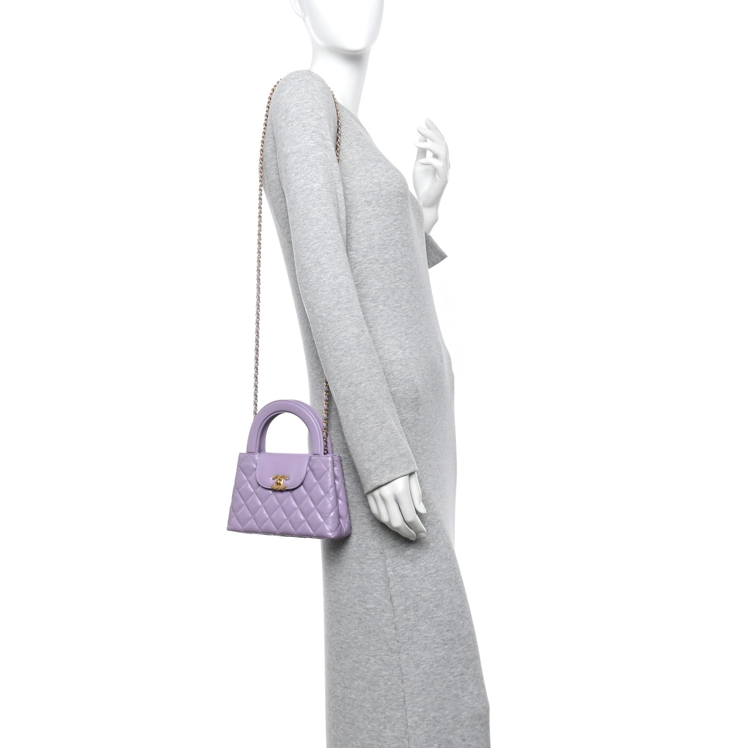 Shiny Aged Calfskin Quilted Nano Kelly Shopper Lilac