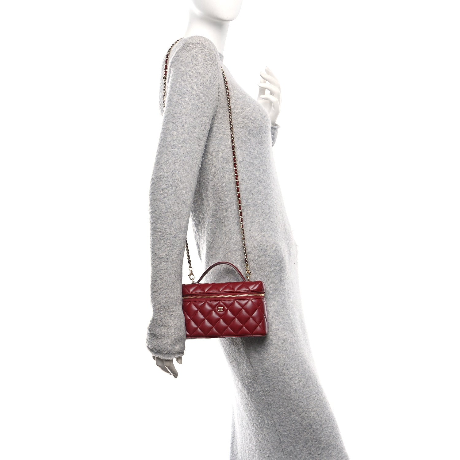 Caviar Quilted Top Handle Slim Vanity With Chain Burgundy
