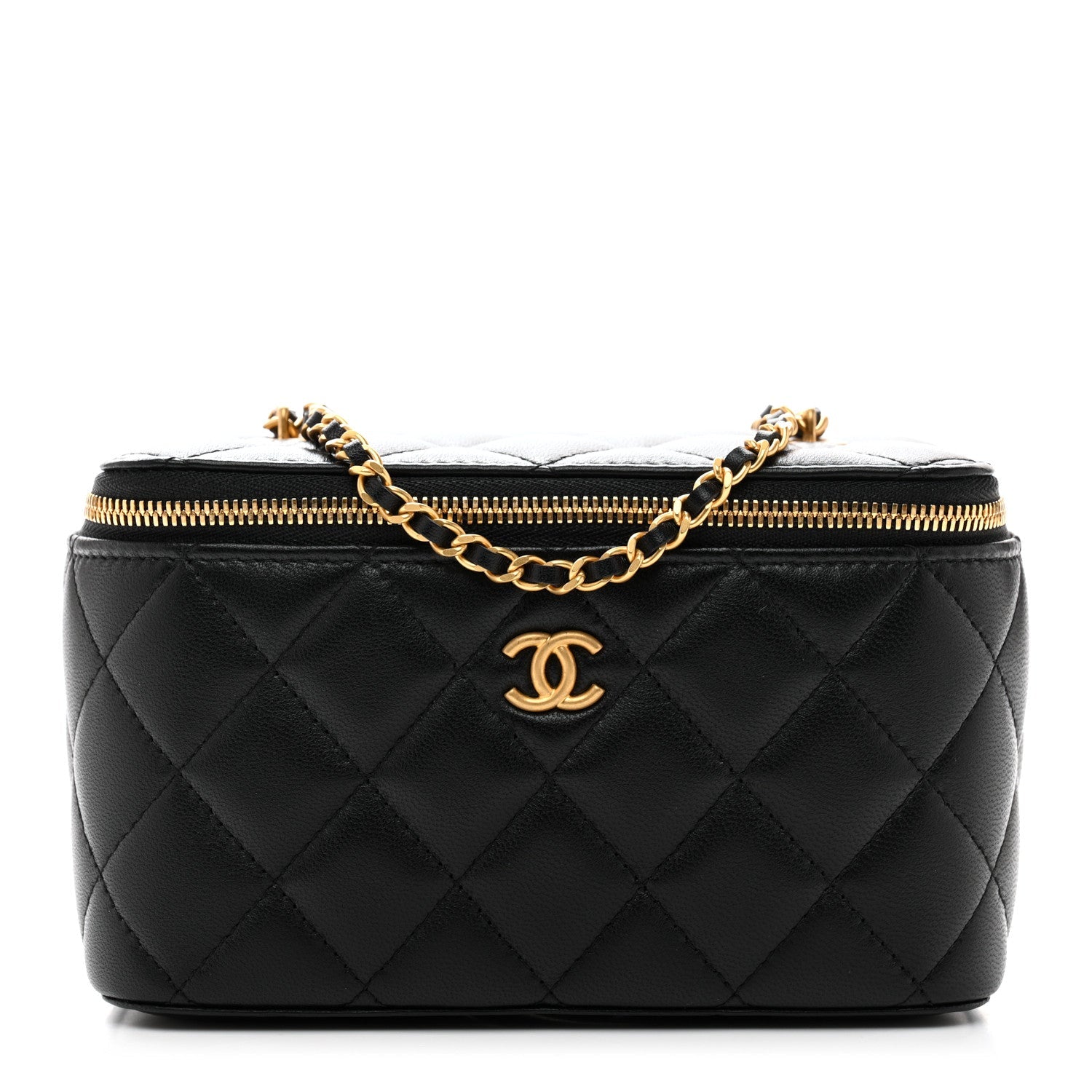 Lambskin Enamel Quilted Small Coco Hearts Vanity Case With Chain Black
