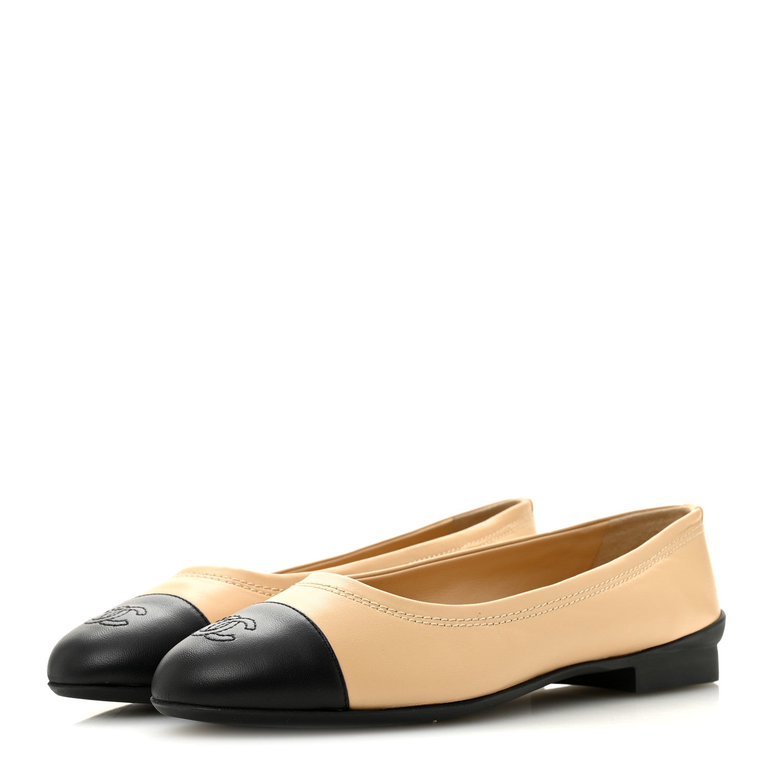 Lambskin Cap Toe CC Uniform Ballerina Flats 40 Beige Black