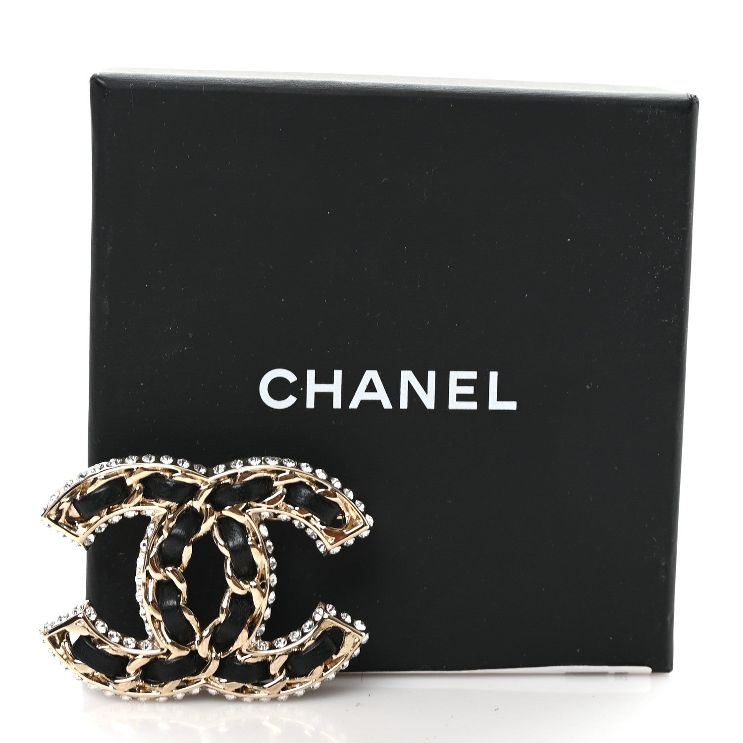 Lambskin Crystal CC Chain Brooch Black Gold