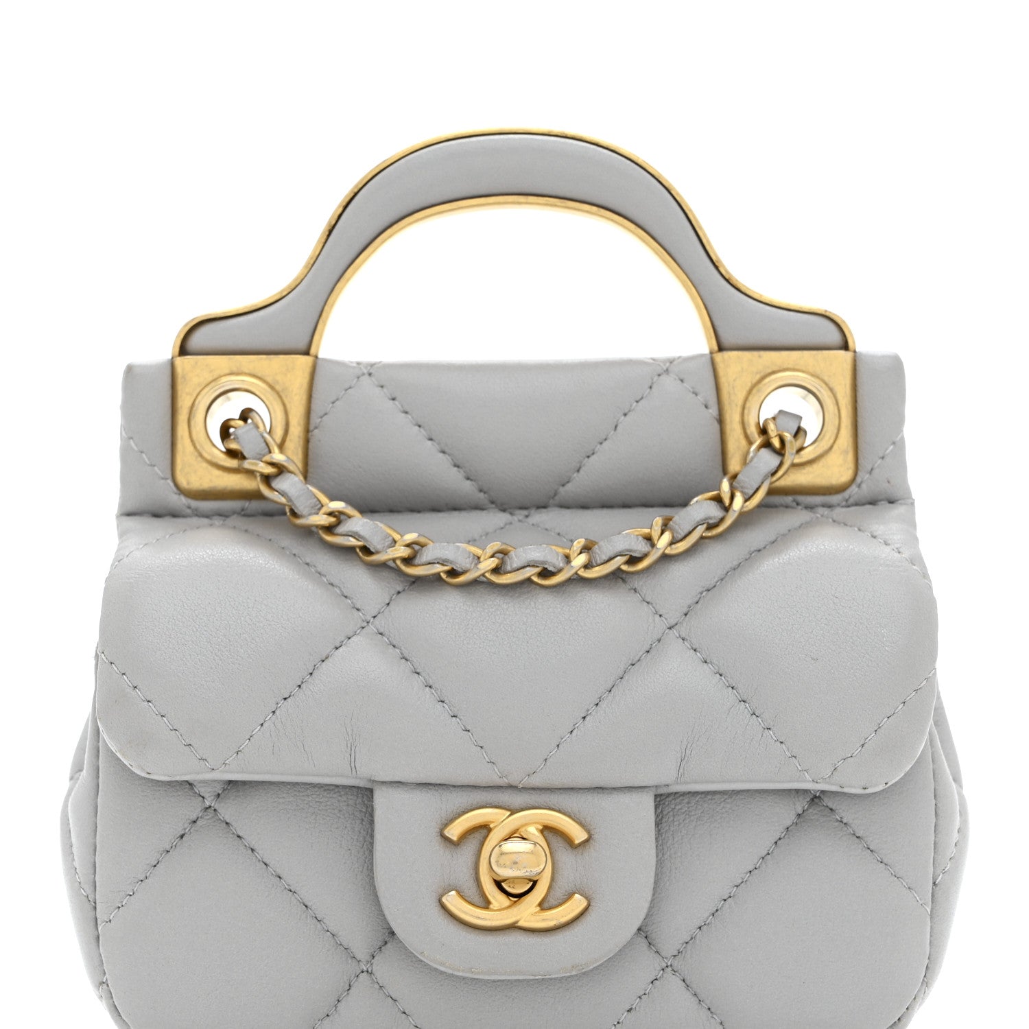 Calfskin Quilted Lady Handle Flap Card Holder With Chain Grey
