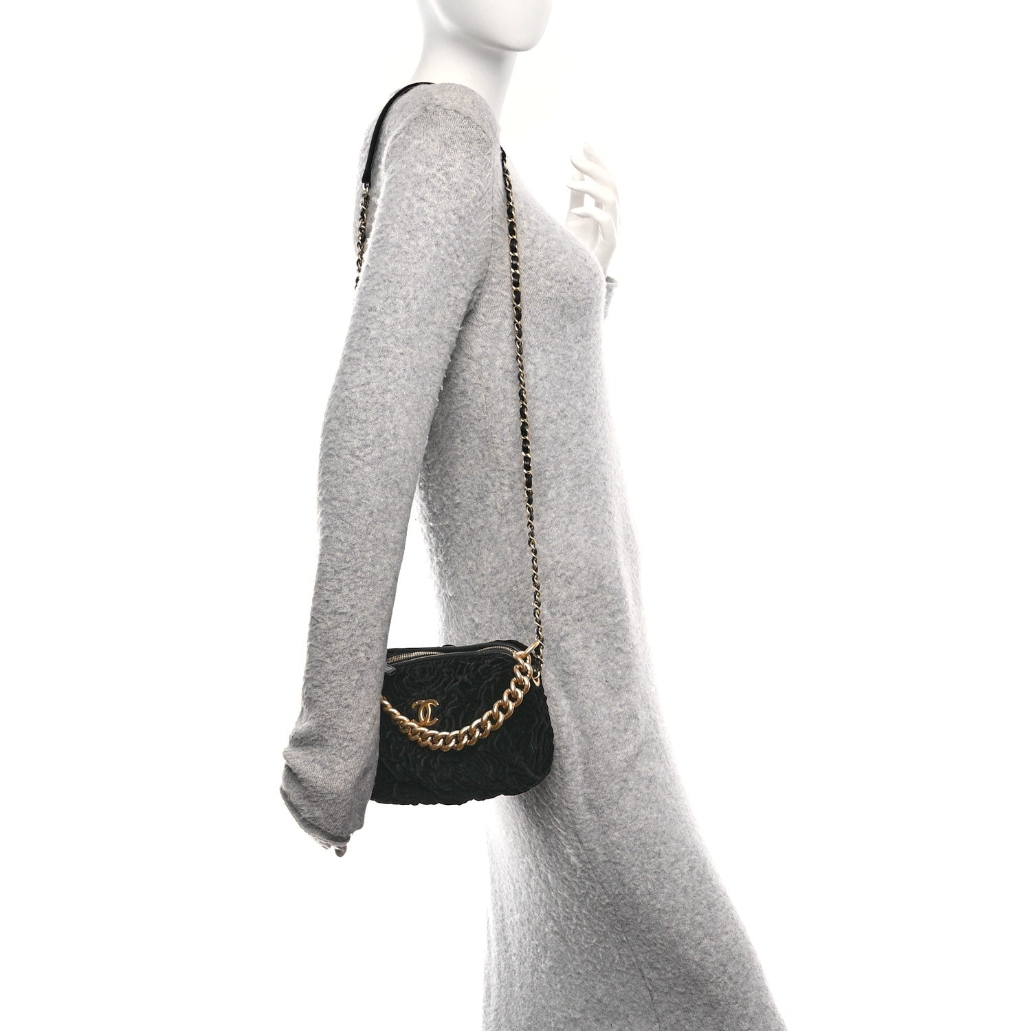 Velvet Camellia Embossed Barrel Clutch With Chain  Black