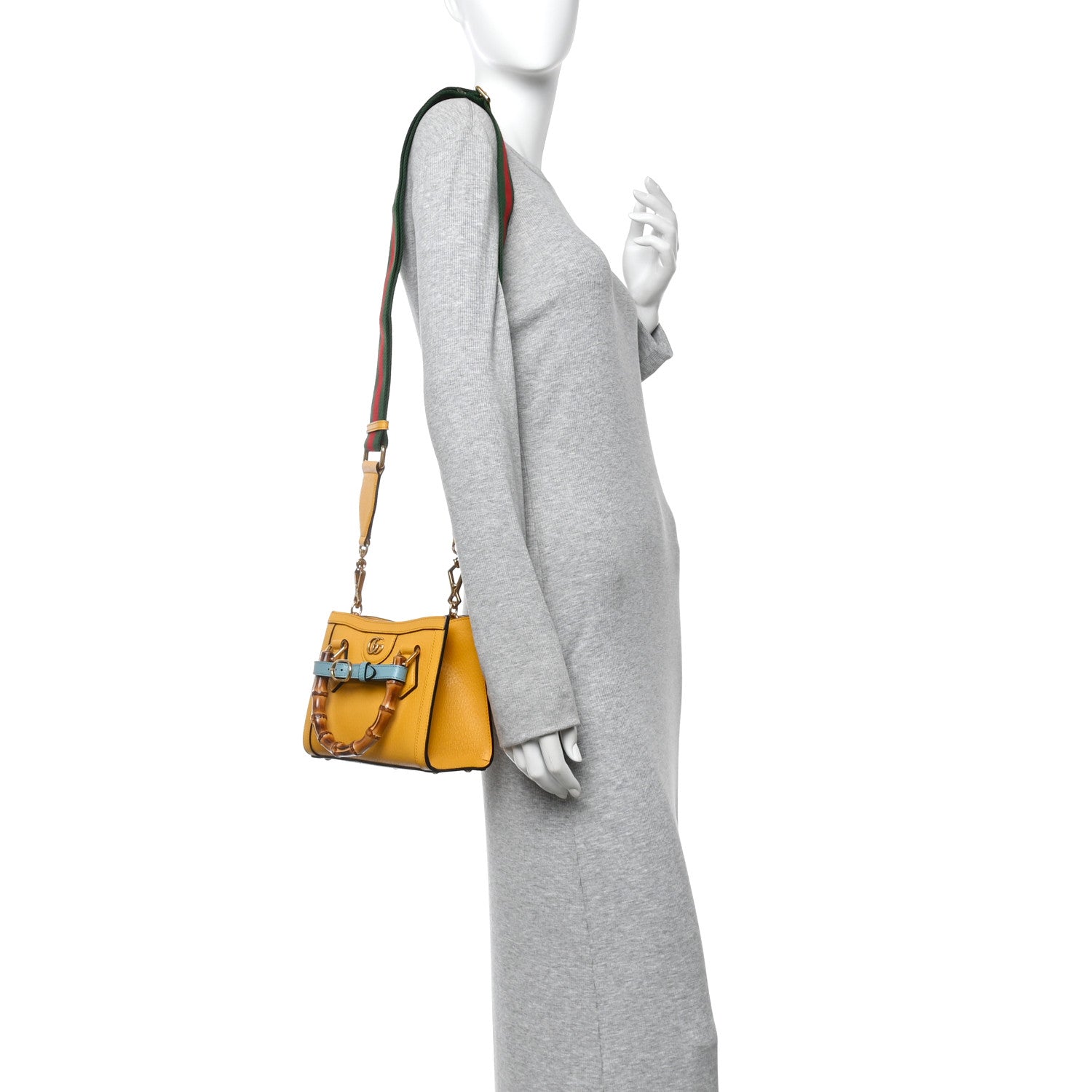 Textured Dollar Calfskin Web Mini Diana Tote Bag Yellow Dusty Azure