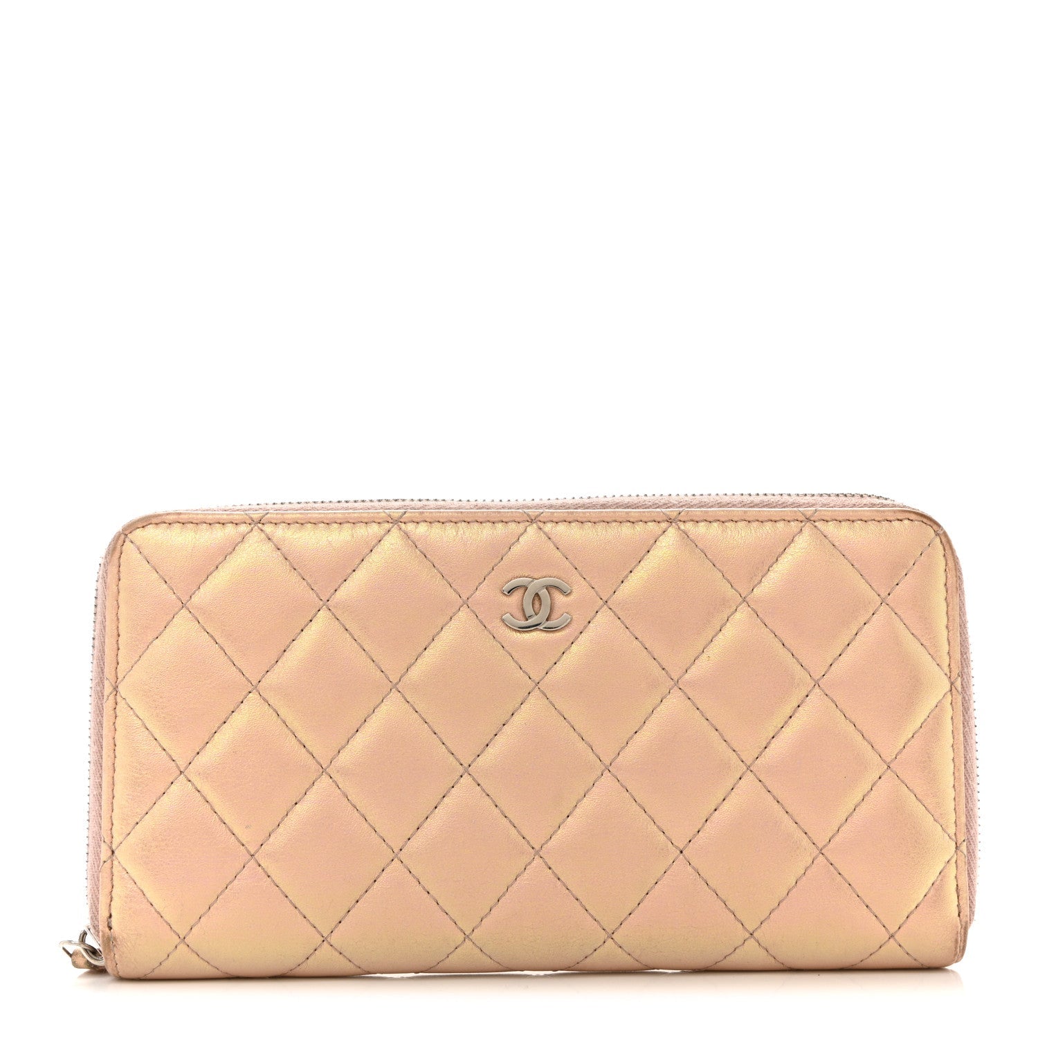Iridescent Lambskin Quilted Large Gusset Zip Around Wallet Pink