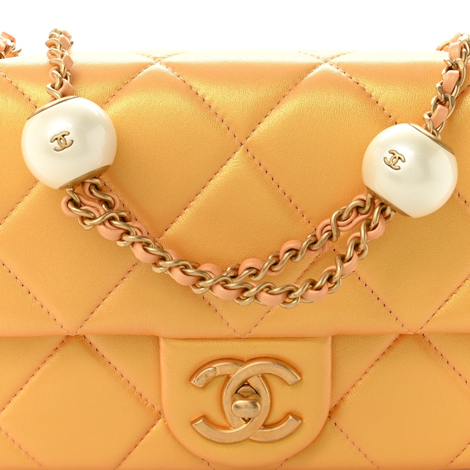 Pearly Lambskin Quilted Pearl Small Flap Orange