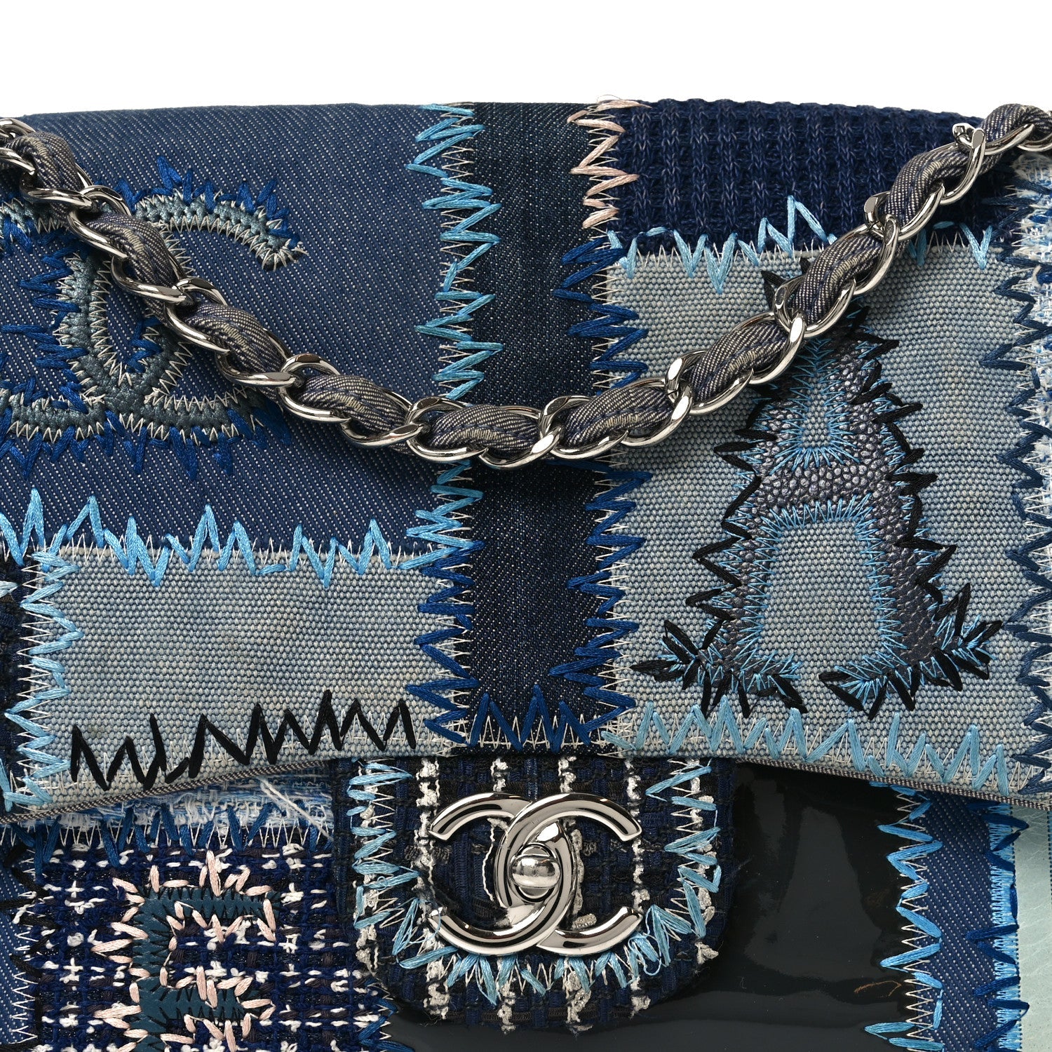 Denim Tweed Patchwork Jumbo Single Flap Blue