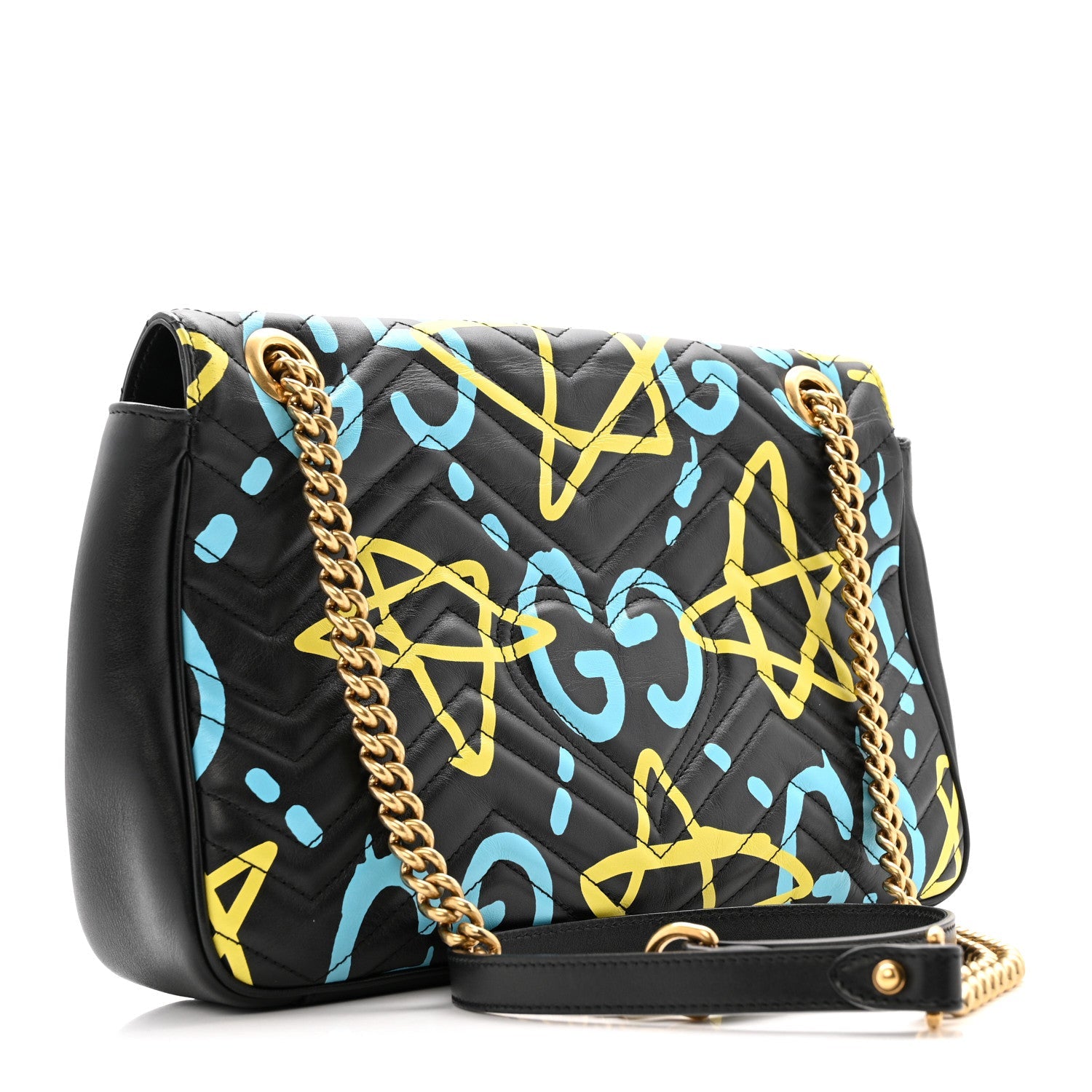 Calfskin Matelasse GucciGhost Medium GG Marmont Shoulder Bag Black New Acquamarine