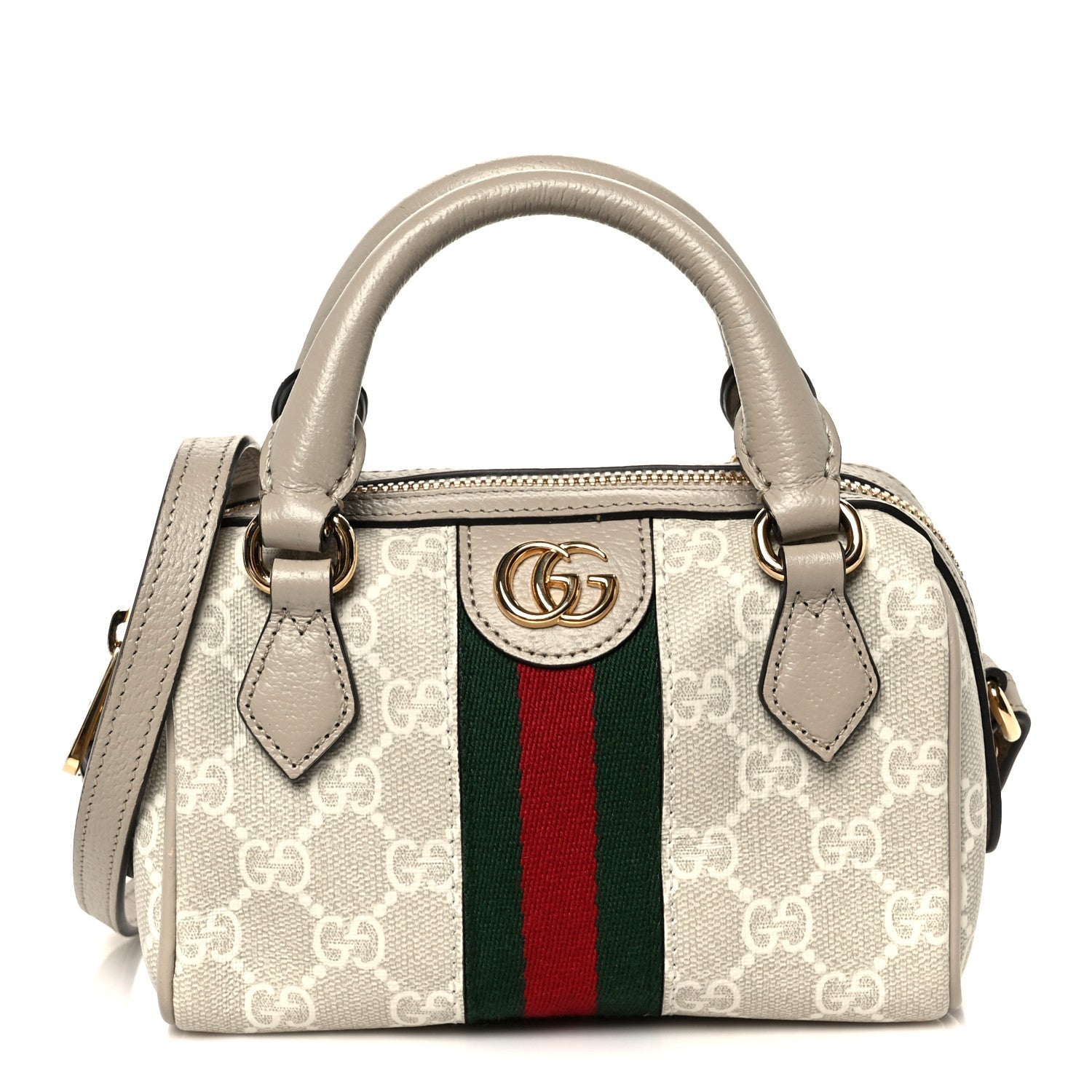 GG Supreme Monogram Textured Dollar Calfskin Web Super Mini Ophidia Top Handle Bowler Bag Beige Mystic White Oatmeal