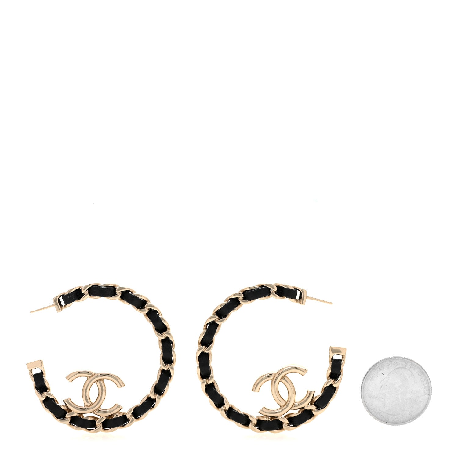 Metal Lambskin Quilted CC Chain Hoop Earrings Gold Black