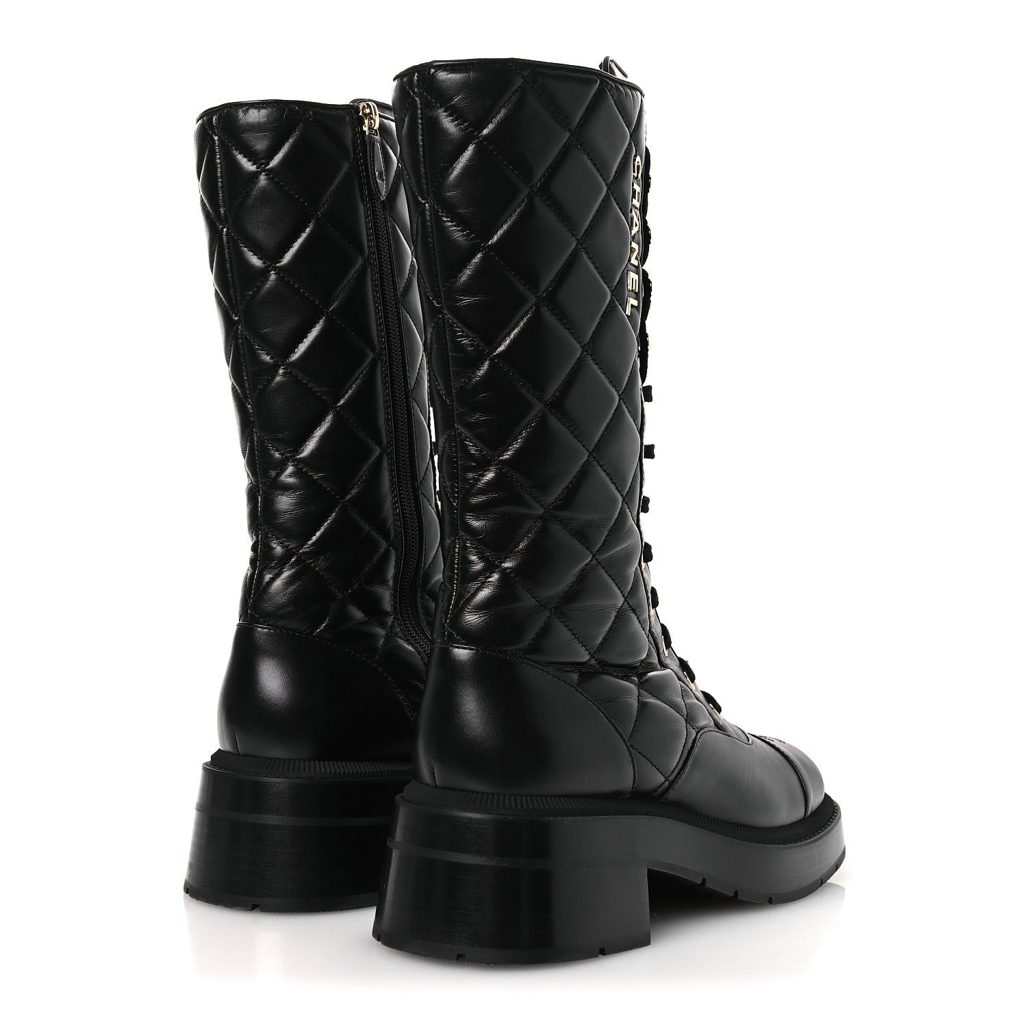 Calfskin Quilted Logo Lace Up Tall Combat Boots 39 Black