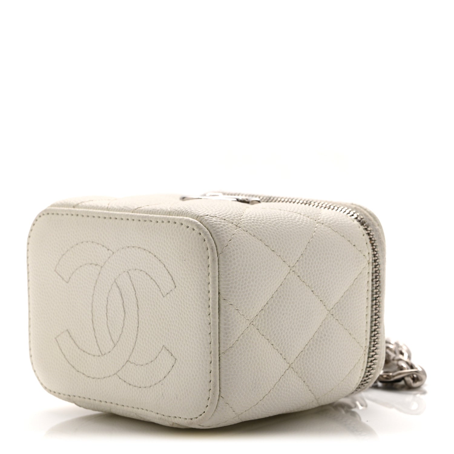 Caviar Quilted Enamel Coco Mini Vanity Case With Chain White