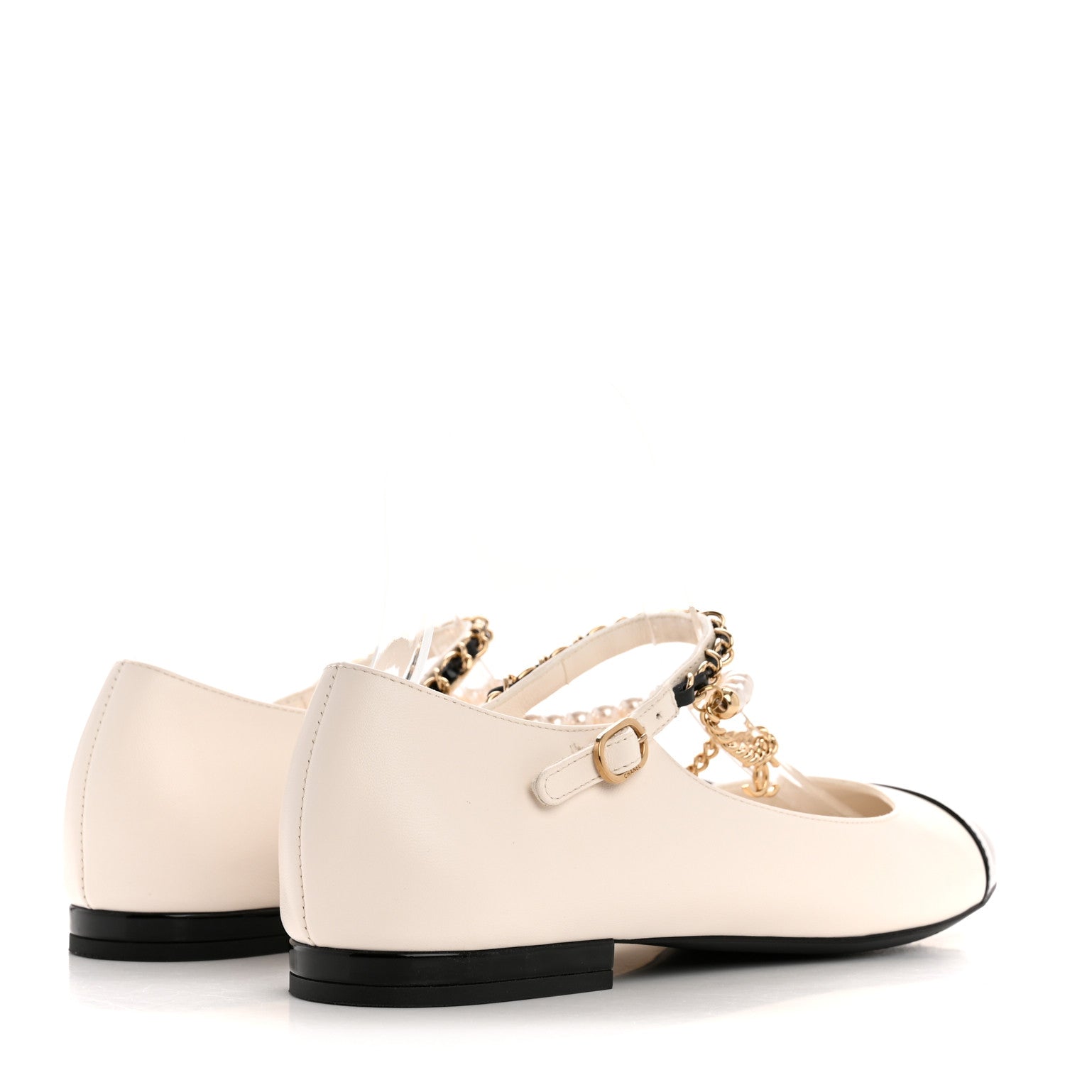 Shiny Lambskin Pearl Cap Toe Ankle Chain Ballerina Flats 38 White Black