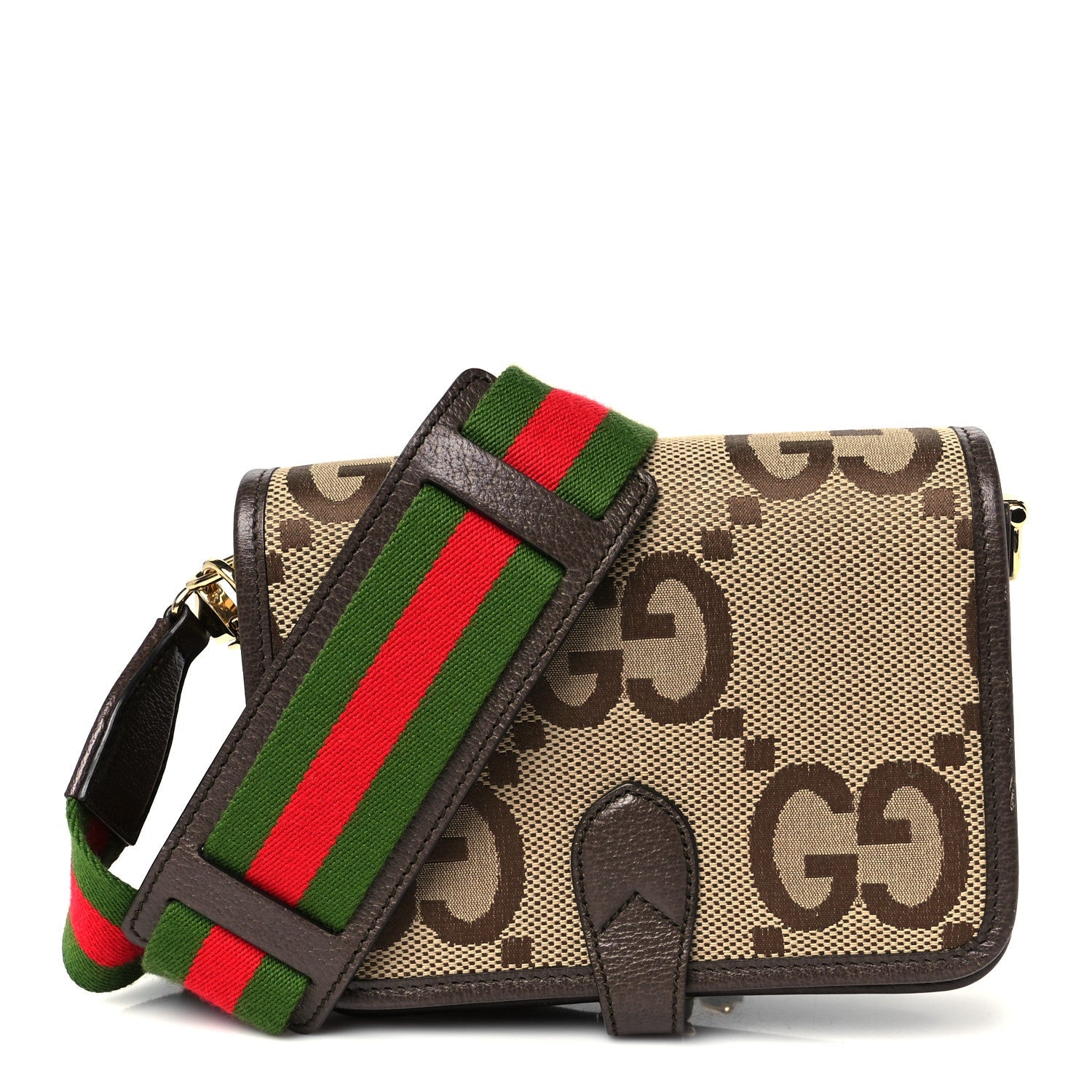 Monogram Jumbo GG Textured Dollar Calfskin Web Flap Messenger Bag Beige Ebony New Acero