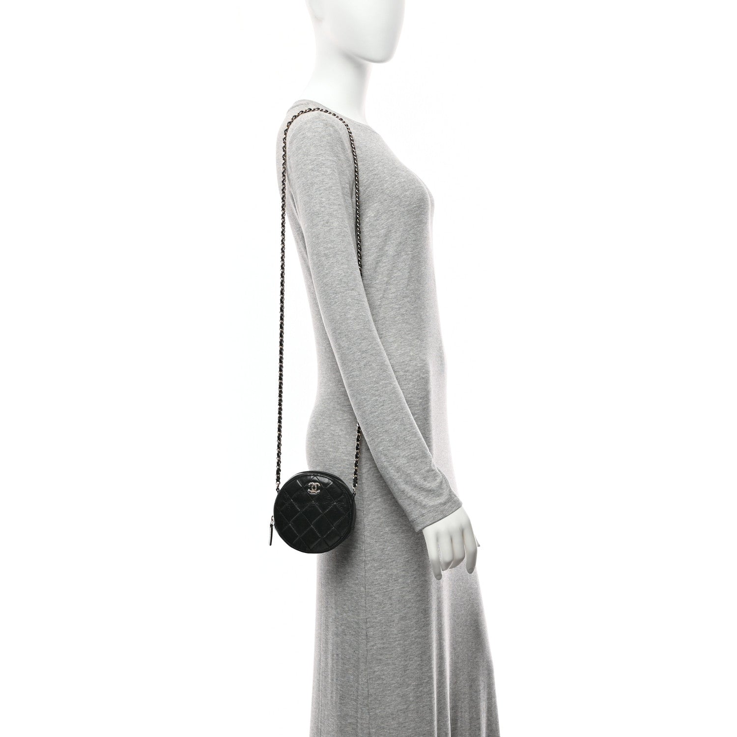Calfskin Round Clutch With Chain Black