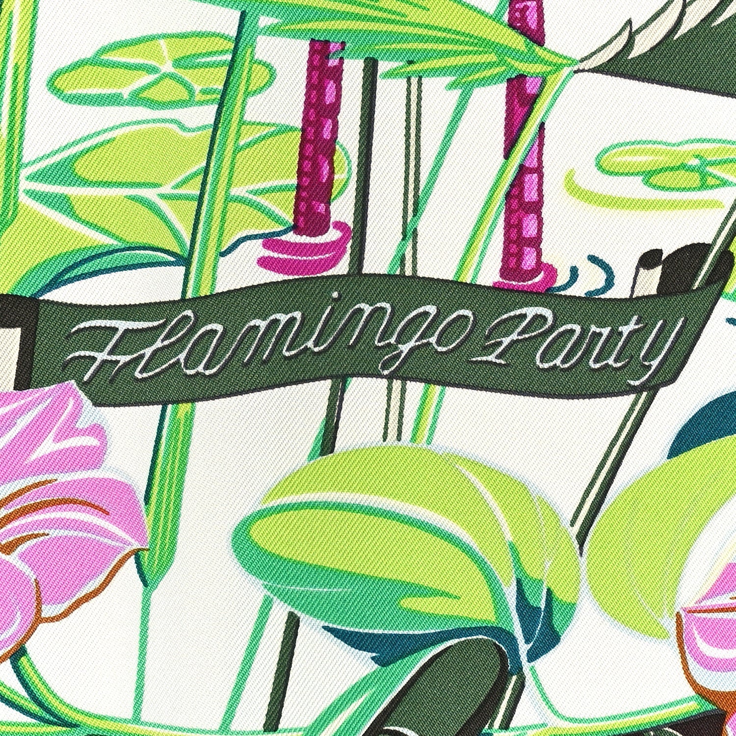 Silk Flamingo Party Shawl 90 White Vert Fuchsia