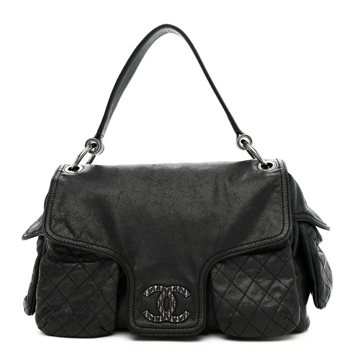 Glazed Caviar Large Coco Rider Flap Hobo Black