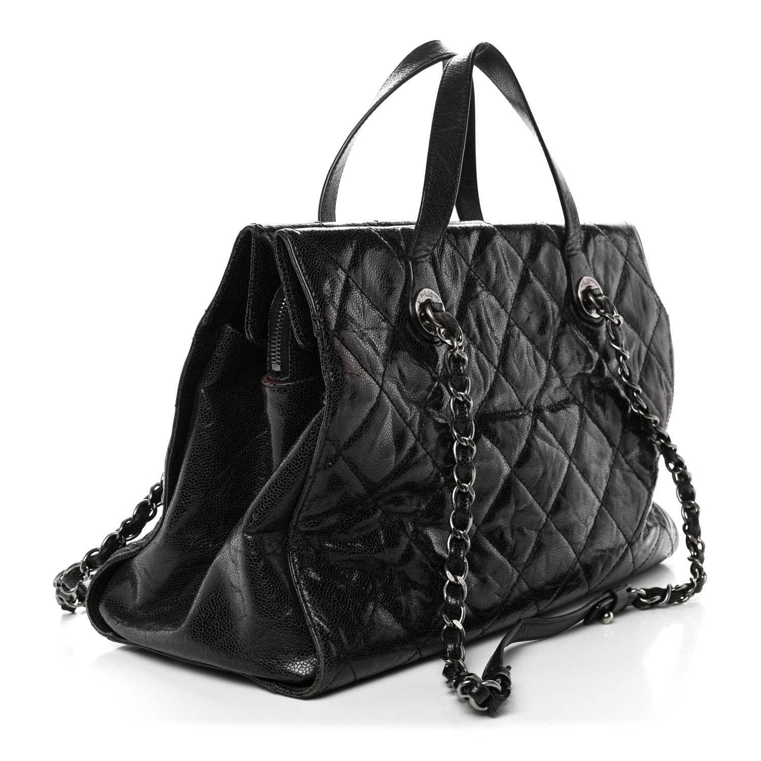 Crumpled Grained Calfskin Quilted CC Crave Tote Black