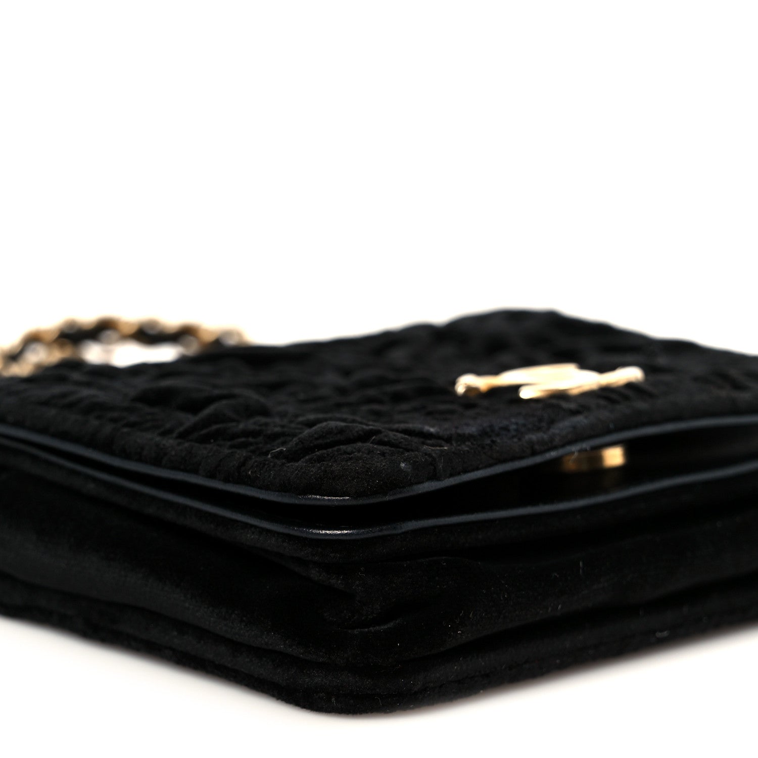 Velvet Quilted Camellia Velvet Flap Coin Purse With Chain Black
