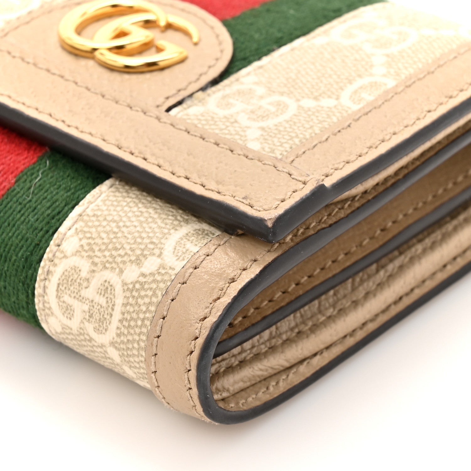 GG Supreme Monogram Textured Dollar Calfskin Web Ophidia Card Case Wallet Beige Mystic White Oatmeal