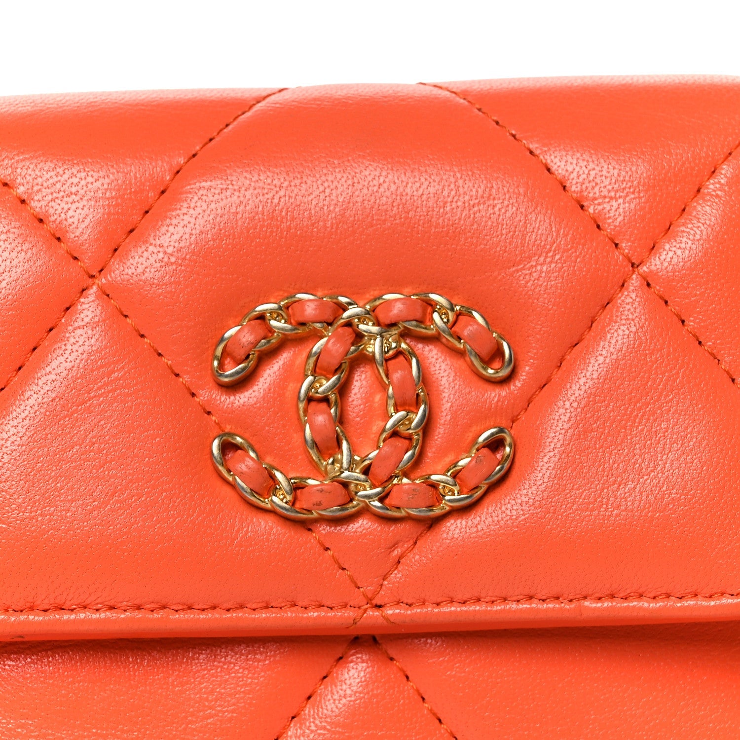 Goatskin Quilted Chanel 19 Small Flap Wallet Orange
